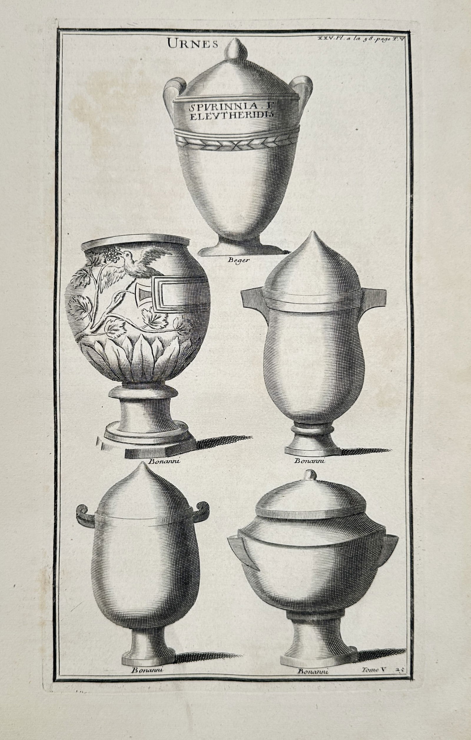 Bernard de Montfaucon (1655–1741) – Roman monuments – Illustration (1722): This set of illustrations depicts various Roman funerary monuments and cinerary urns, showcasing the intricate classical motifs and vessel forms used in ancient burial rites. The first plate features