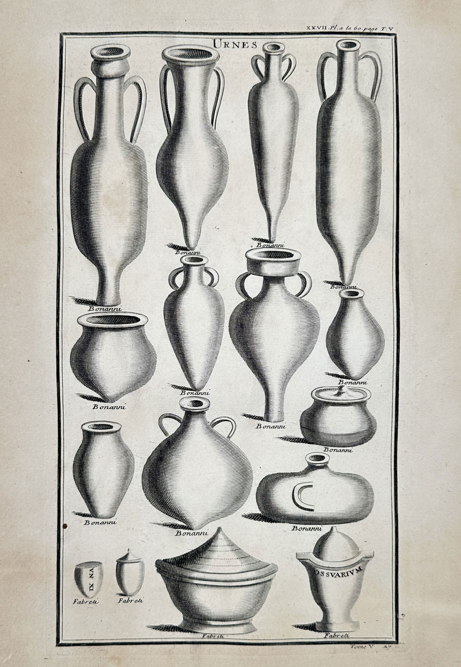 Bernard de Montfaucon (1655–1741) – Antique Urnes and Vases – Illustration (1722): This set of illustrations documents a diverse array of Roman funerary monuments and ancient vessels, highlighting the evolution of classical burial customs and ceramic forms. The collection includes t