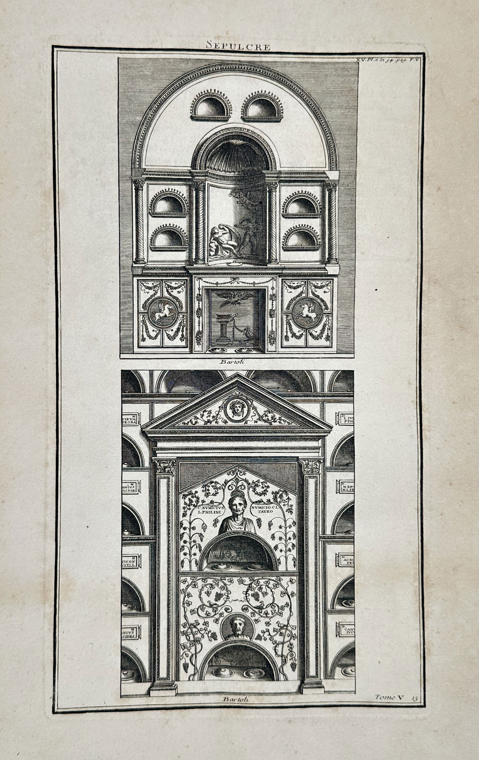 Bernard de Montfaucon (1655–1741) – Ancient Roman Sepulchres – Illustration (1722): This illustration depicts two detailed architectural views of ancient Roman funerary monuments, including a central niche with sculptures and lower compartments for cinerary urns decorated with vine m