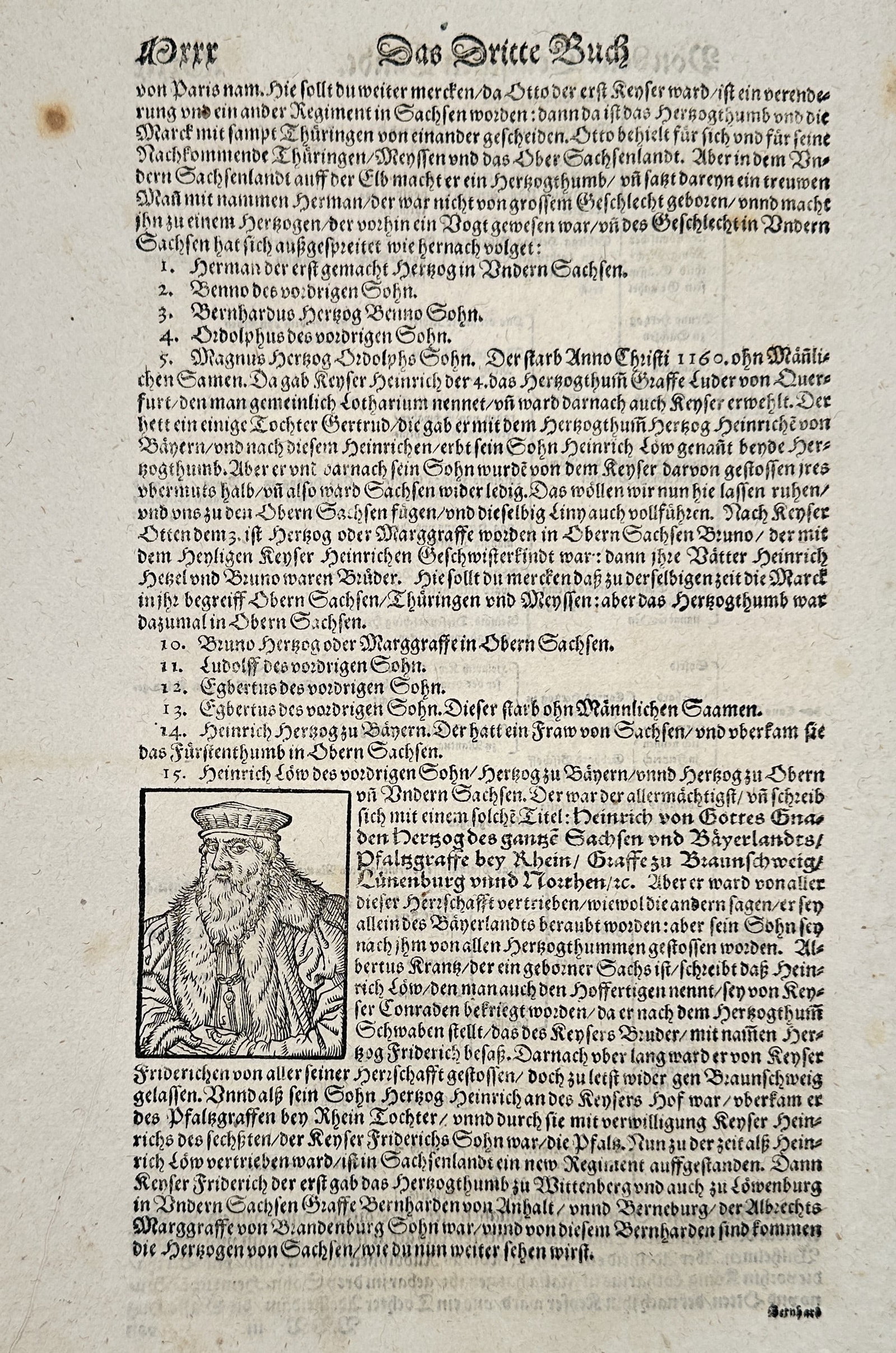 Sebastian Munster (1488–1552) – Portrait and History of Henry the Lion – woodcut (1550): This woodcut features a portrait of Henry the Lion, Duke of Saxony and Bavaria, depicted in a ceremonial hat and patterned robes. The illustration is set within a page of German fraktur text titled Da