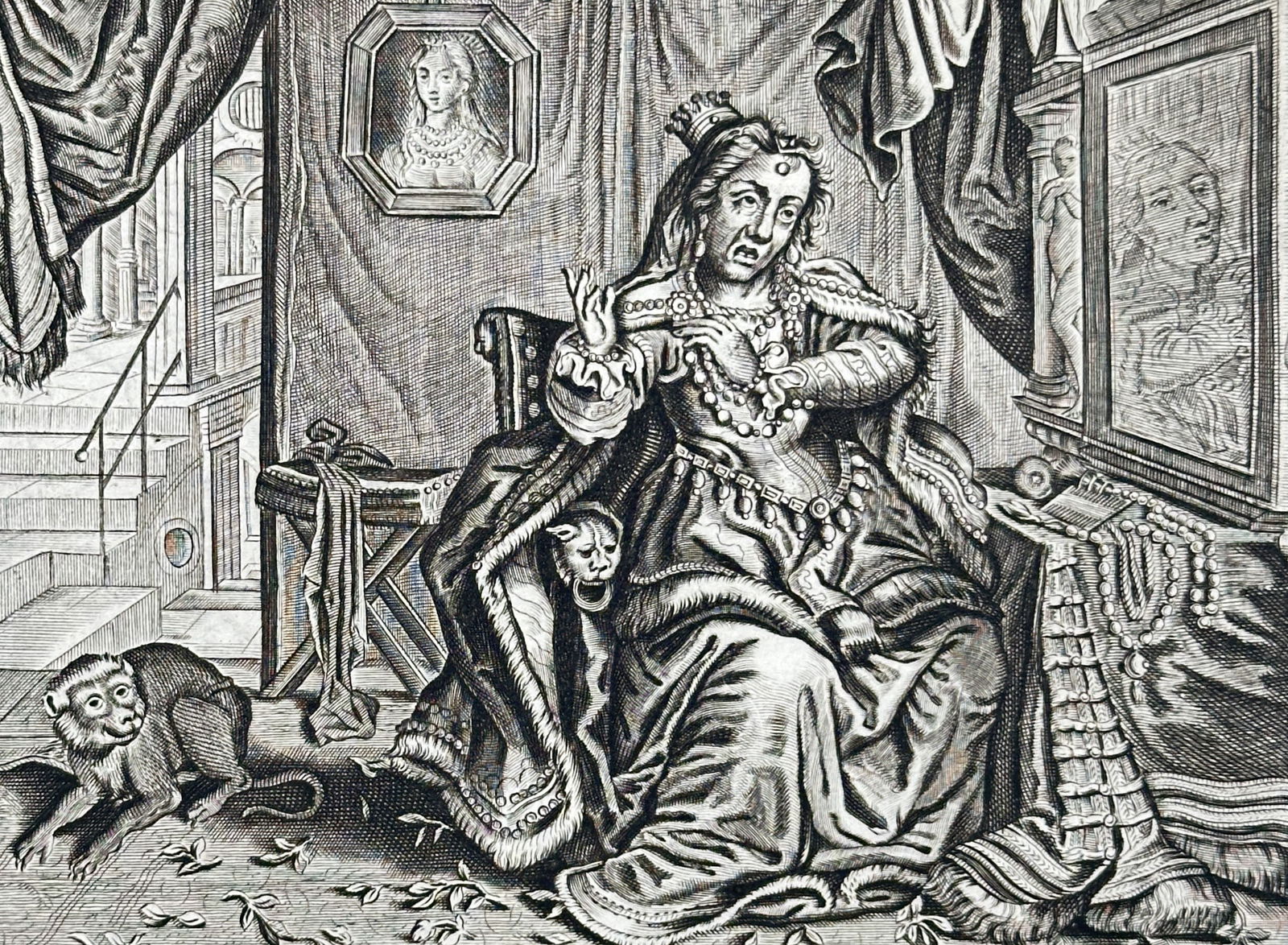 Jacob Cats (1577–1660) – Seated Woman with a Mirror and Monkey – engraving (1655) (1 of 3)