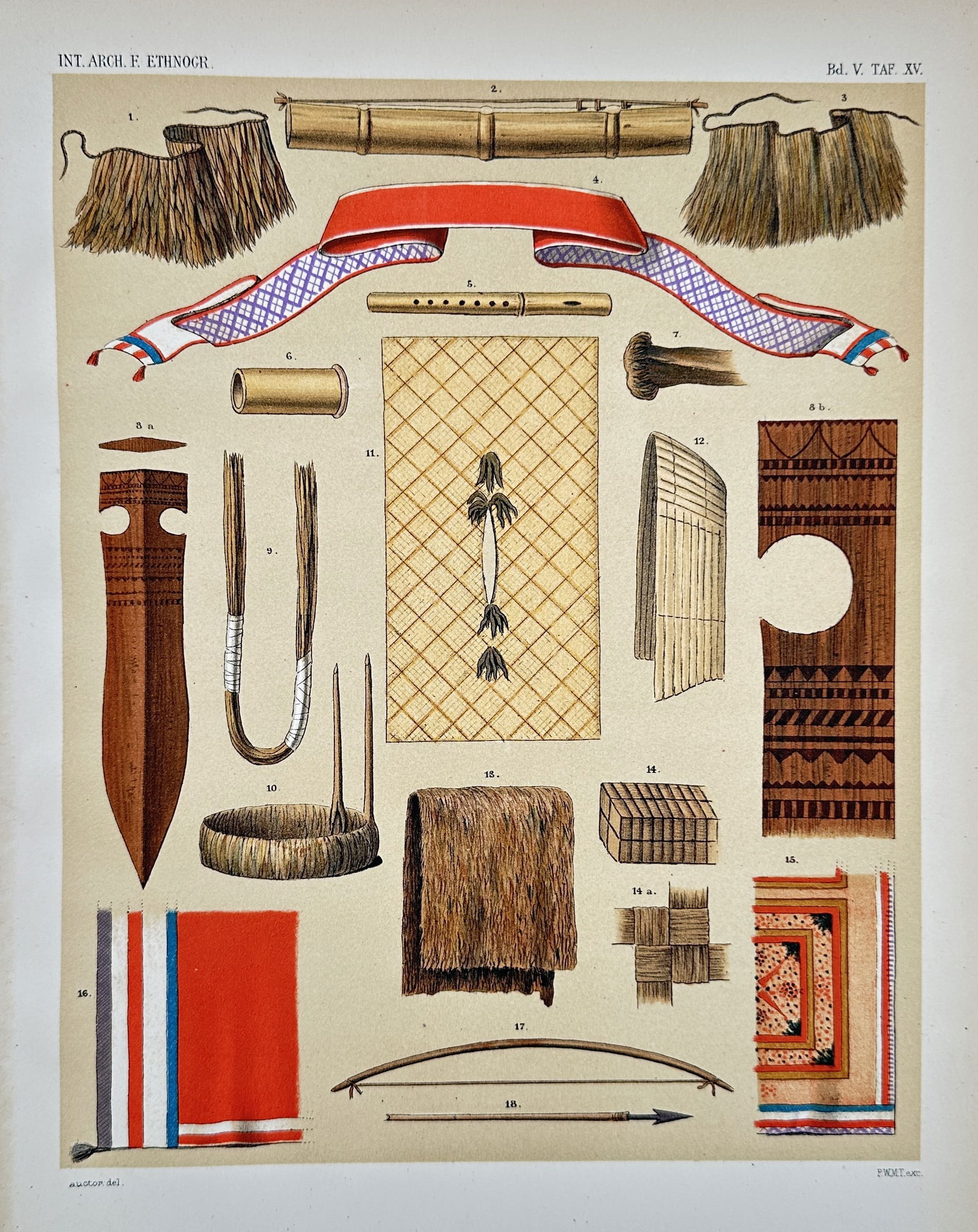 Pieter Willem Marinus Trap (1821–1905) – Ethnographic Study of Asian Material Culture: This lithograph features a diverse collection of traditional Asian material culture, including textiles, weaponry, and musical instruments. The plate showcases a vibrant red sash with patterned border