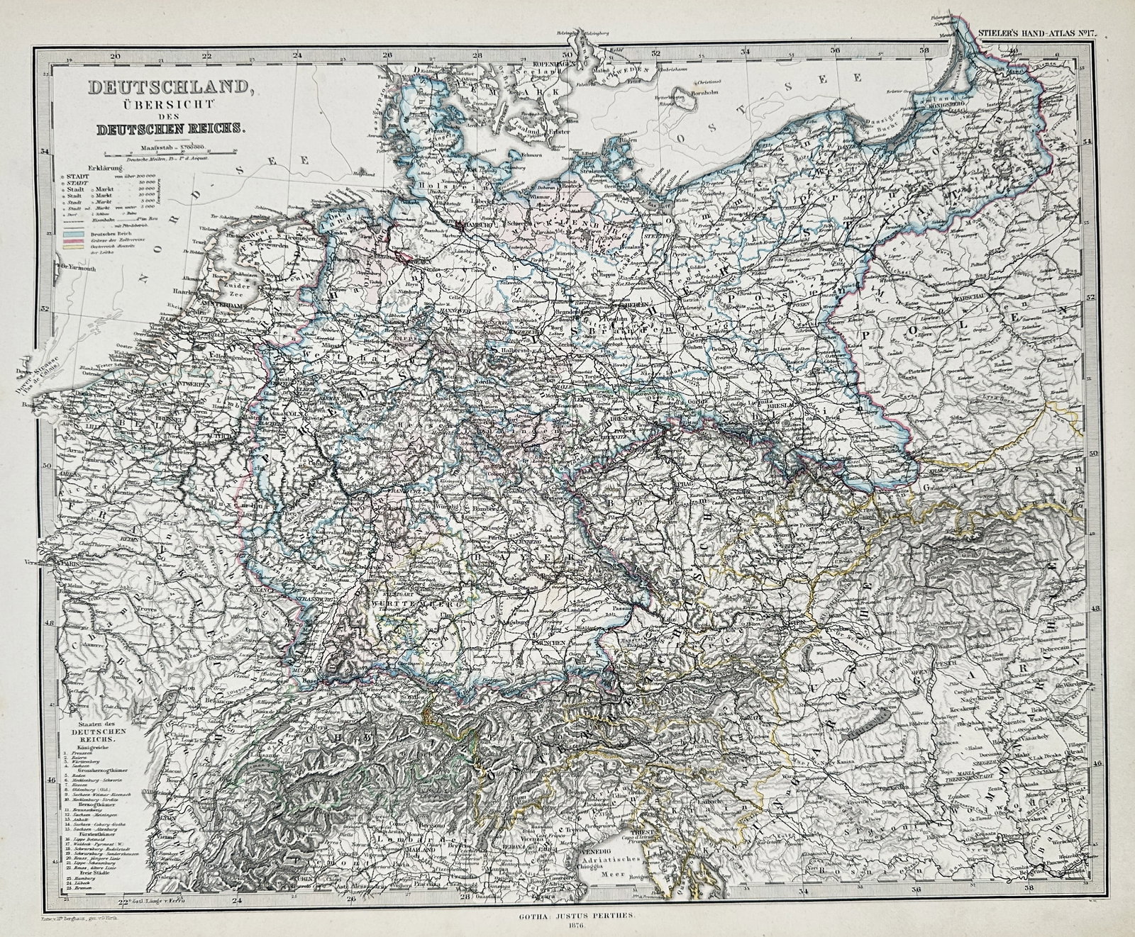 Adolf Stieler – Map of Germany and the German Empire – Hand colored engraving (1875) (1 of 2)