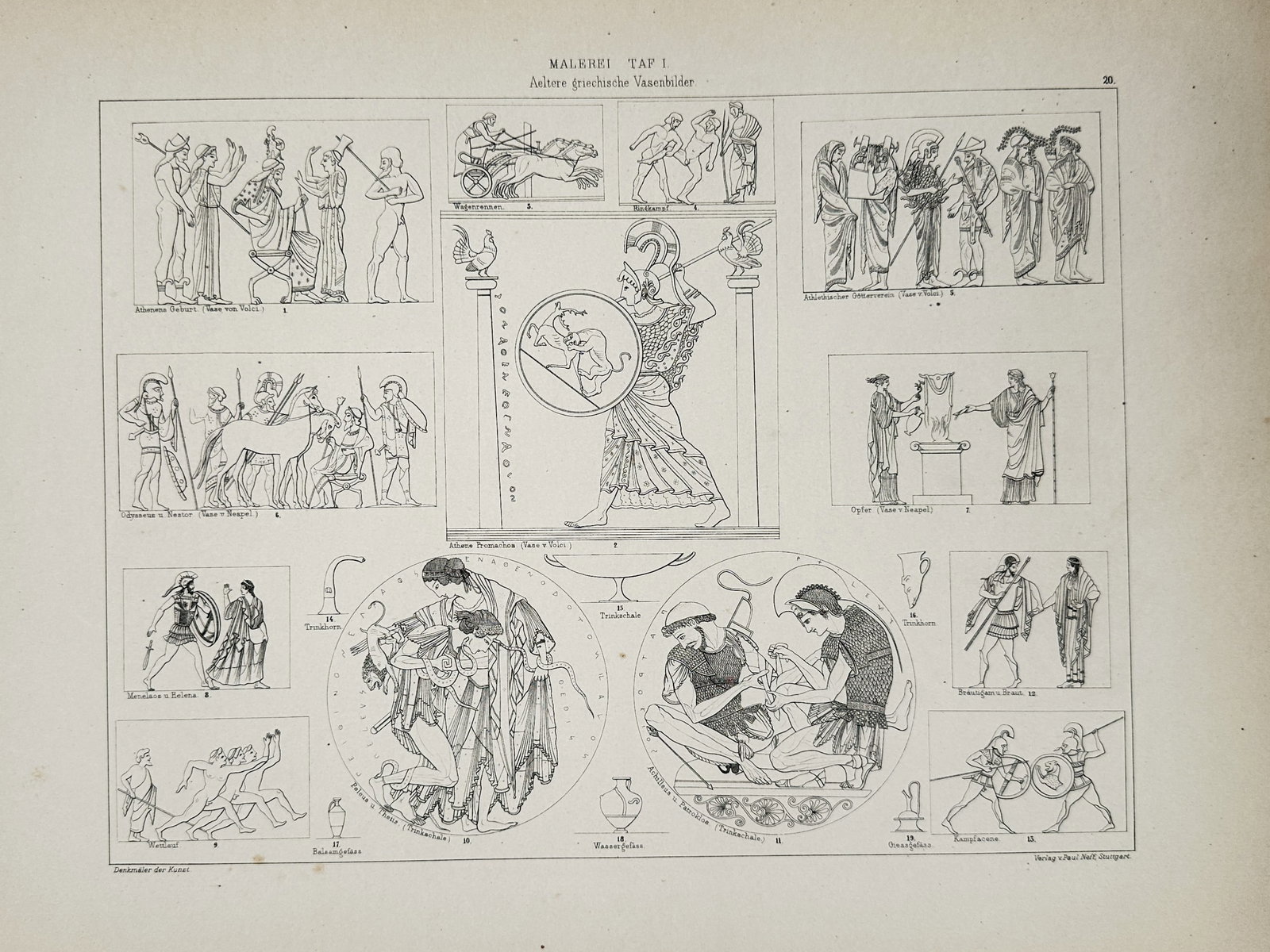 Paul Neff (1804–1855) – Ancient Greek Vase Paintings – Illustration (1840–1860): This architectural illustration documents various scenes from ancient Greek pottery, specifically focusing on the black-figure and red-figure styles of vase painting. The plate features a central figu