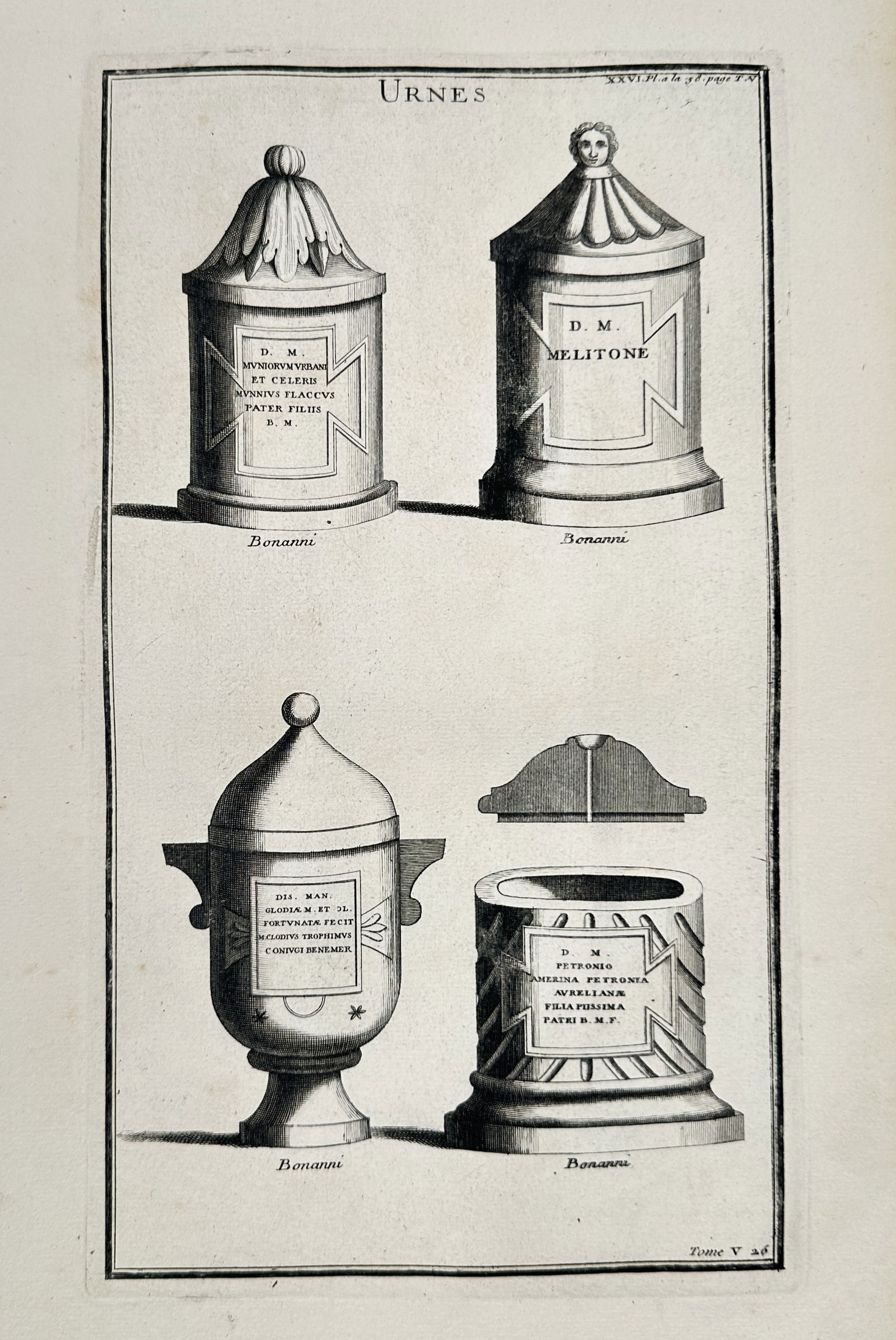 Bernard de Montfaucon (1655–1741) – Decorative Sepulchral Urns – Engraving (1719): This illustration showcases four distinct Roman funerary urns, each featuring a central inscription panel framed by decorative architectural or symbolic motifs. The top two urns are cylindrical with c