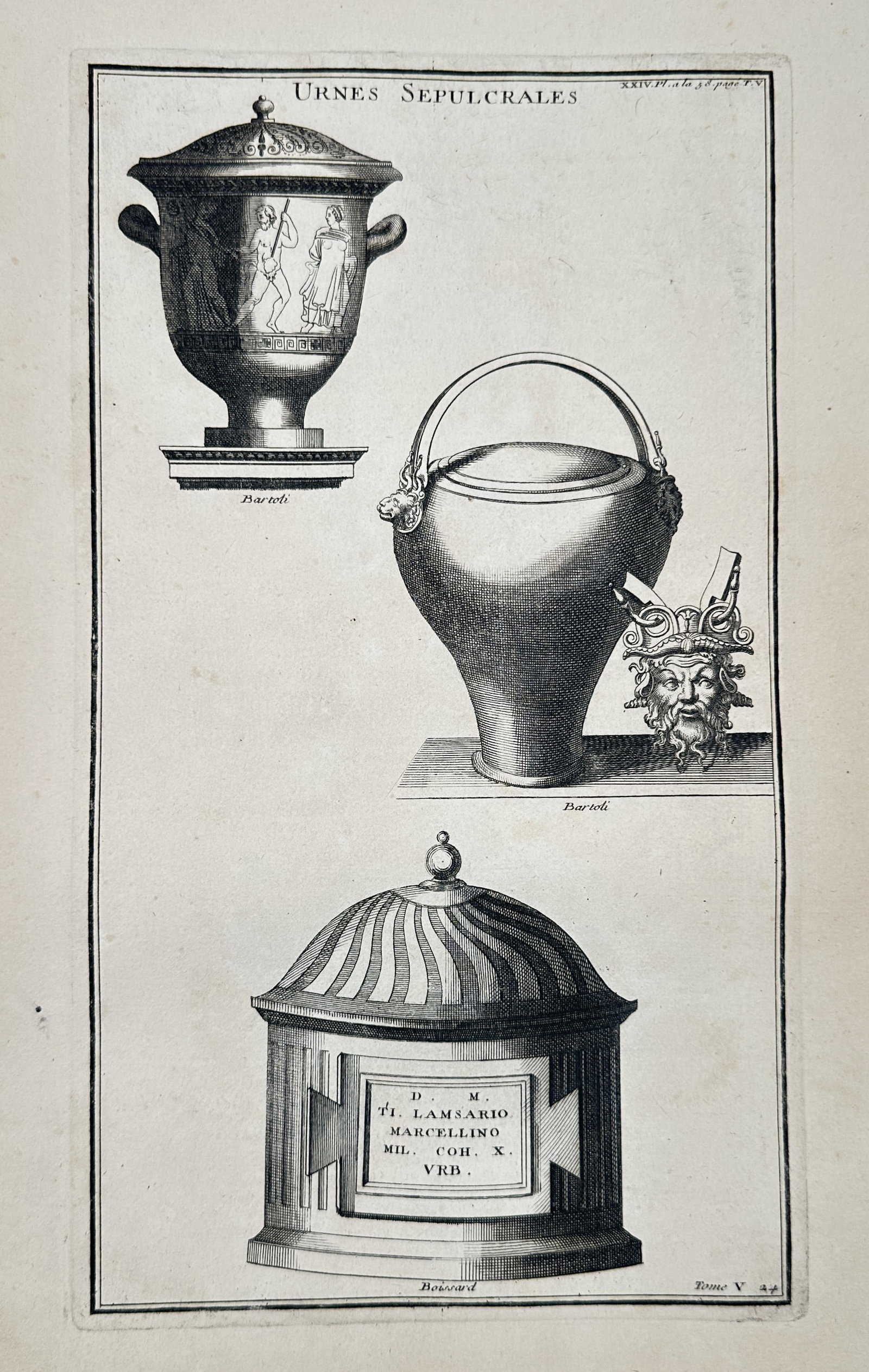Bernard de Montfaucon (1655–1741) – Sepulchral Urns – Engraving (1719): This illustration showcases three distinct Roman funerary vessels arranged vertically on the page. The top urn is a footed krater-style vessel decorated with a classical frieze depicting figures in dr