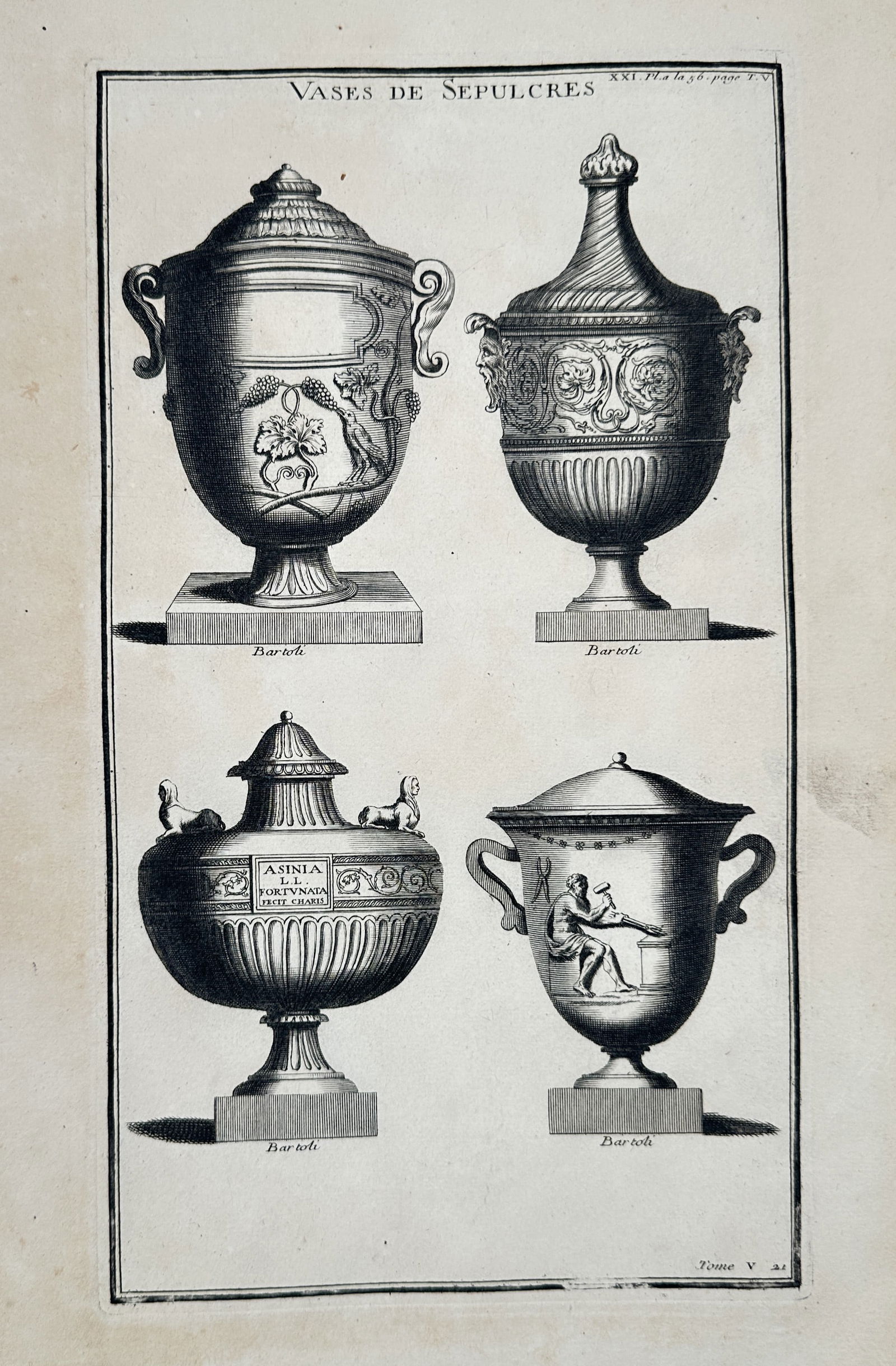 Bernard de Montfaucon (1655–1741) – Sepulchral Vases – Engraving (1719): This illustration features four distinct Roman funerary vessels, each presented on an individual pedestal base. The top row showcases two tall, slender vases with ornate lids and relief decorations in
