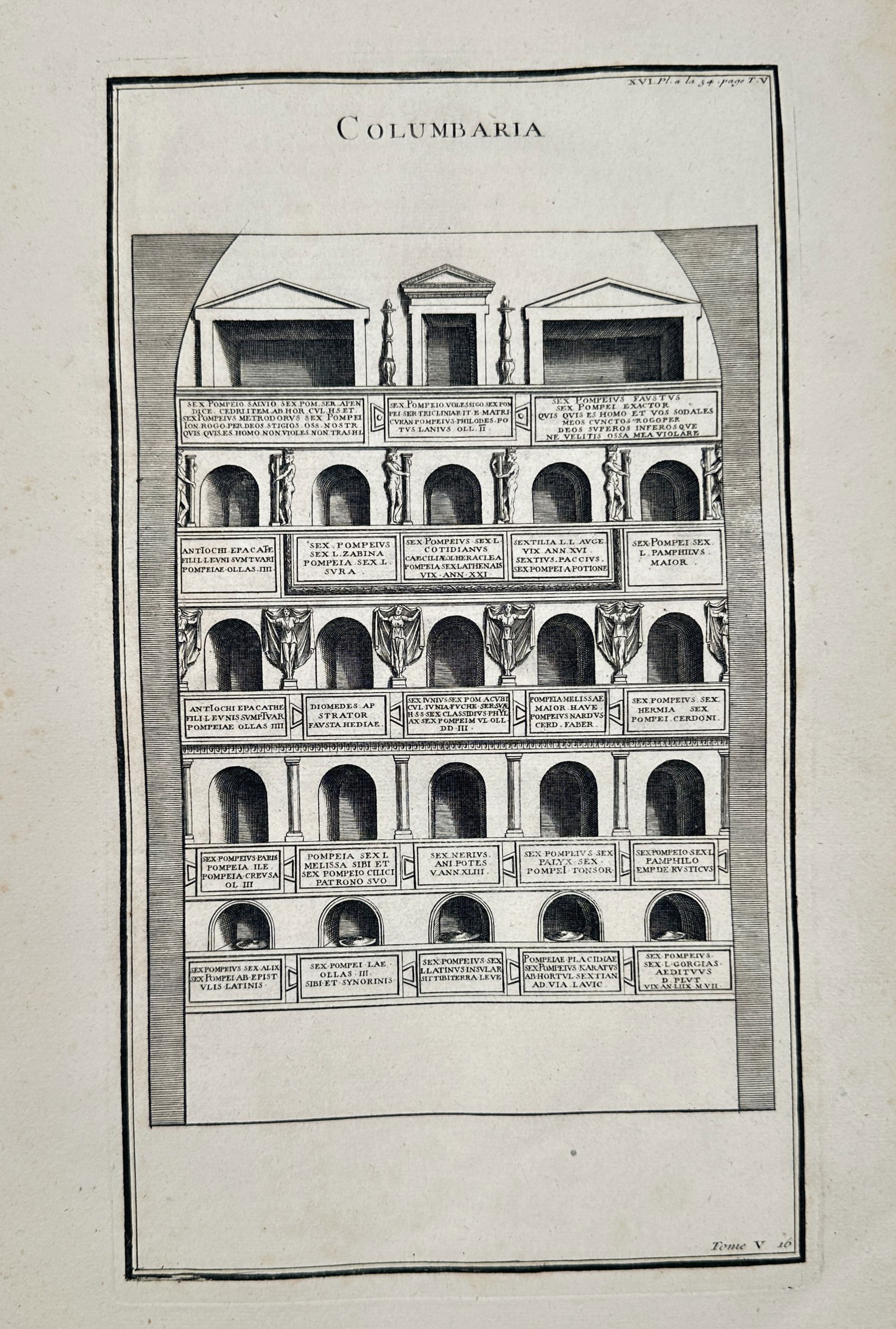 Bernard de Montfaucon (1655–1741) – Columbaria – Engraving (1719): This illustration depicts a Roman columbarium, a subterranean sepulchre designed with numerous small niches to hold cinerary urns. The architectural rendering shows a five-tier structure with arched o