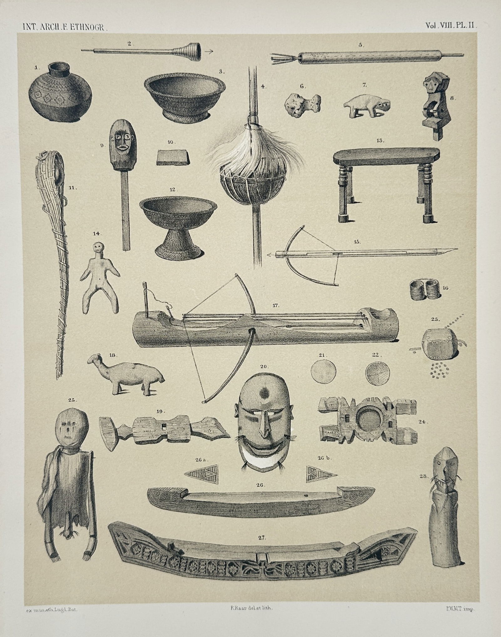 Pieter Willem Marinus Trap – Ethnographic Objects from the Congo – Chromolithograph (1895): This illustration documents a wide array of cultural artifacts from the Congo region, including pottery, musical instruments, and ritual items. The central display features a large mask with a promine