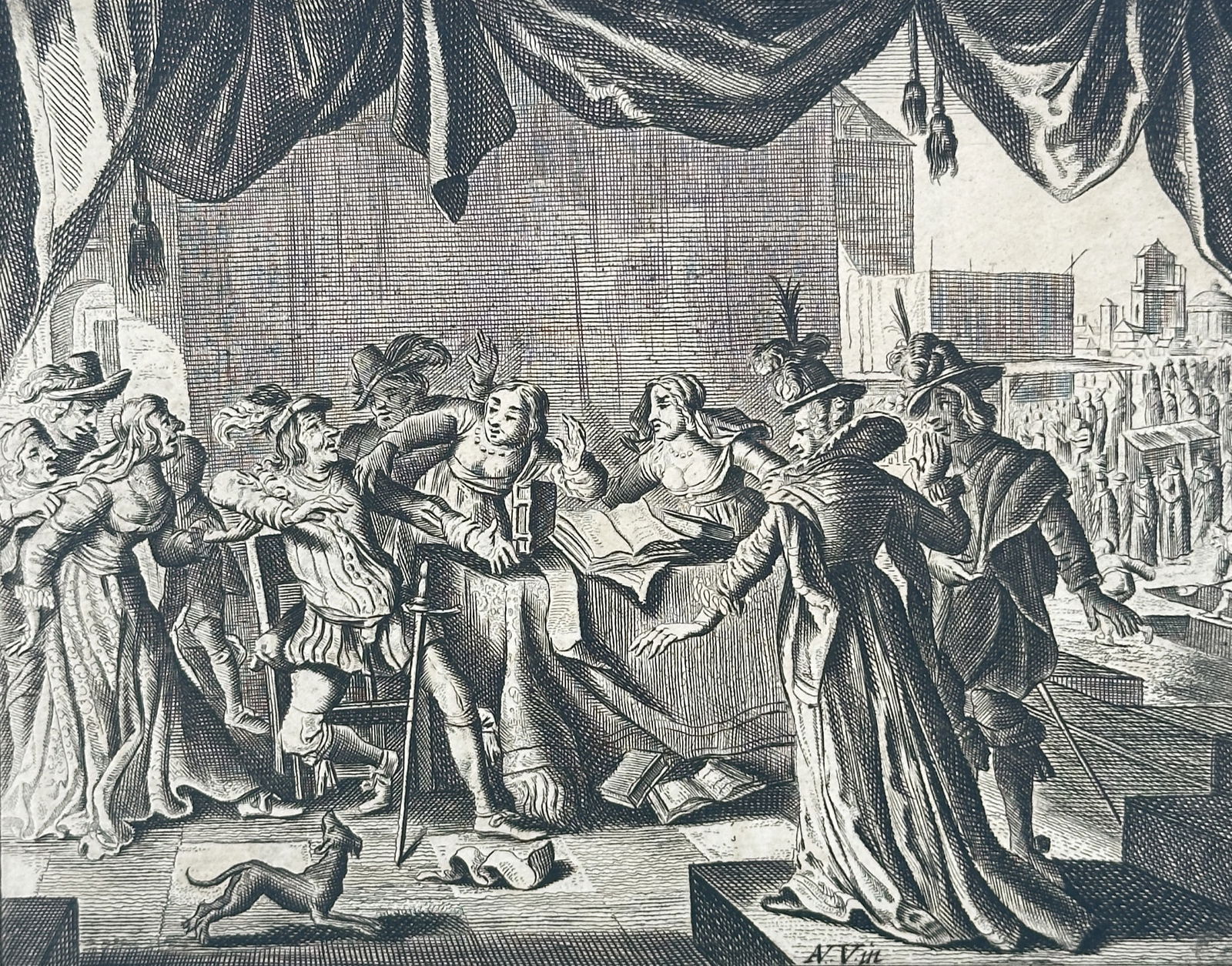 Jacob Cats (1577–1660) – Allegorical Scene at Dining Table – Print (1655): This illustration depicts an allegorical banquet scene set within a grand architectural interior, featuring a group of elegantly dressed figures gathered around a dining table. A dog is visible in the