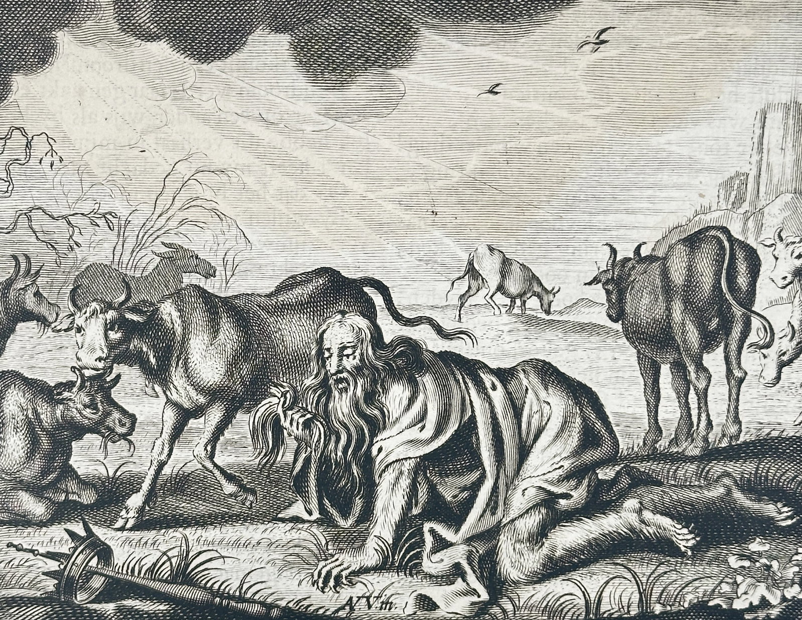 Jacob Cats (1577–1660) – Allegorical Scene of Nebuchadnezzar – Print (1655): This illustration depicts the biblical allegory of King Nebuchadnezzar, shown crawling on all fours and eating grass like an animal within a rugged landscape. A cow grazing in the background and a bir