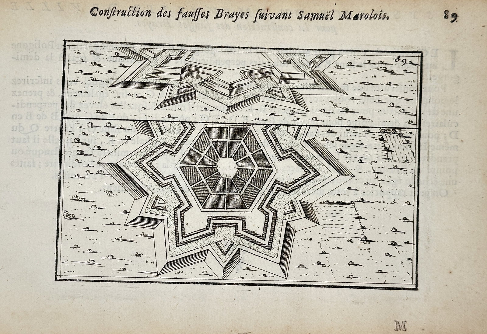 Jan Peeters I (1624–1677) – Construction of Fausses Brayes – Engraving (1672): This engraving presents a technical architectural study of military fortifications, specifically detailing the construction of fausses brayes according to the systems of Samuel Marolois. The illustrat