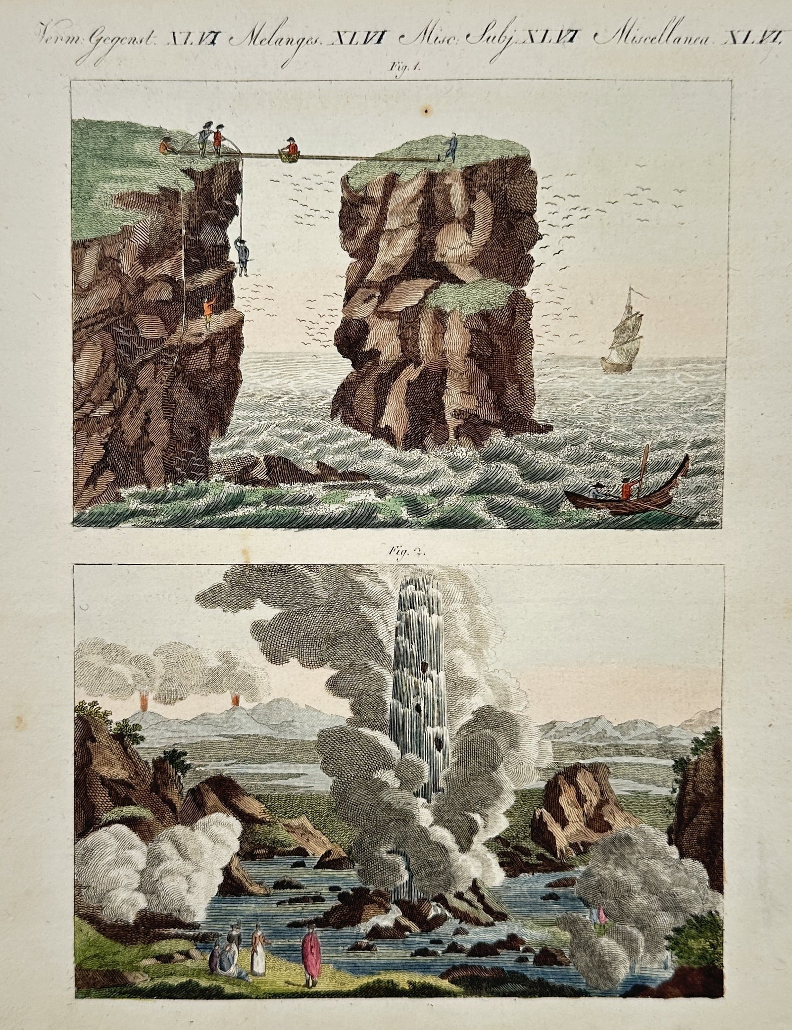 Friedrich Justin Bertuch (1747–1822) – Rope Bridge and Geyser – Engraving (1805): This hand-colored illustration displays two distinct natural wonders and human engineering. The upper scene shows a narrow rope bridge suspended between high seaside cliffs with figures crossing, whil