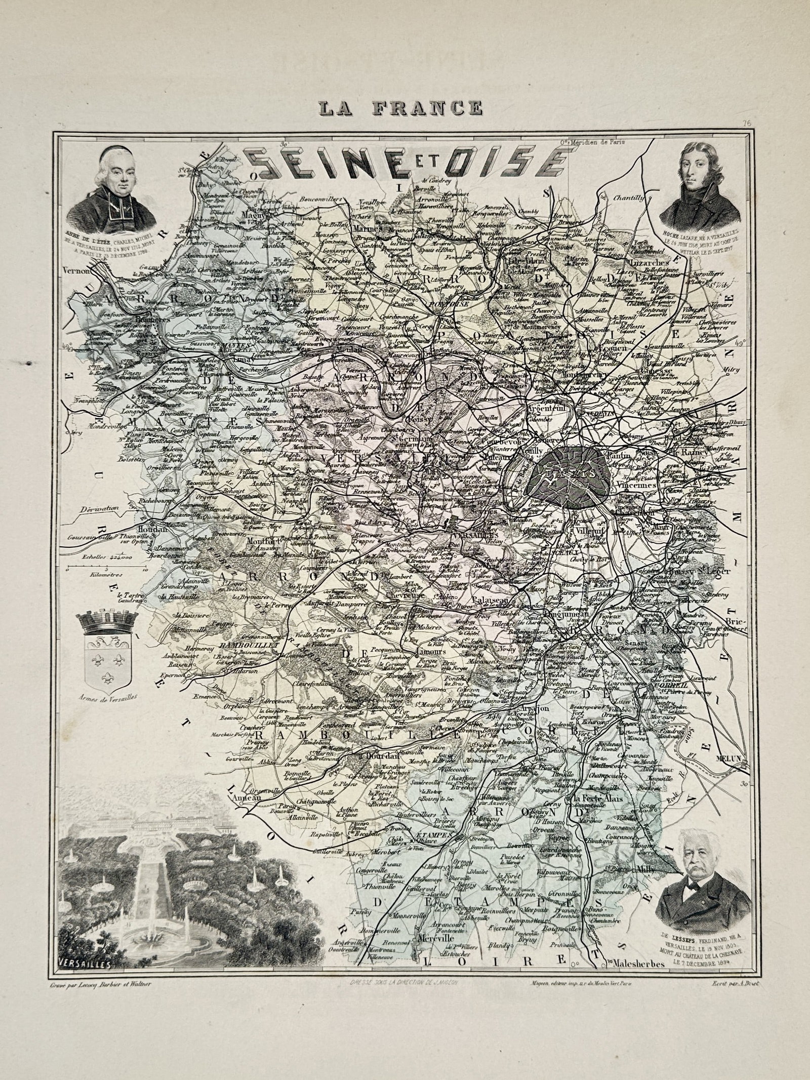 Victor Levasseur (1800–1870) – Map of Seine et Oise – Engraving (1852): This hand-colored map depicts the department of Seine et Oise, surrounding the city of Paris, and is characterized by its elaborate decorative borders. The periphery includes portrait medallions of no