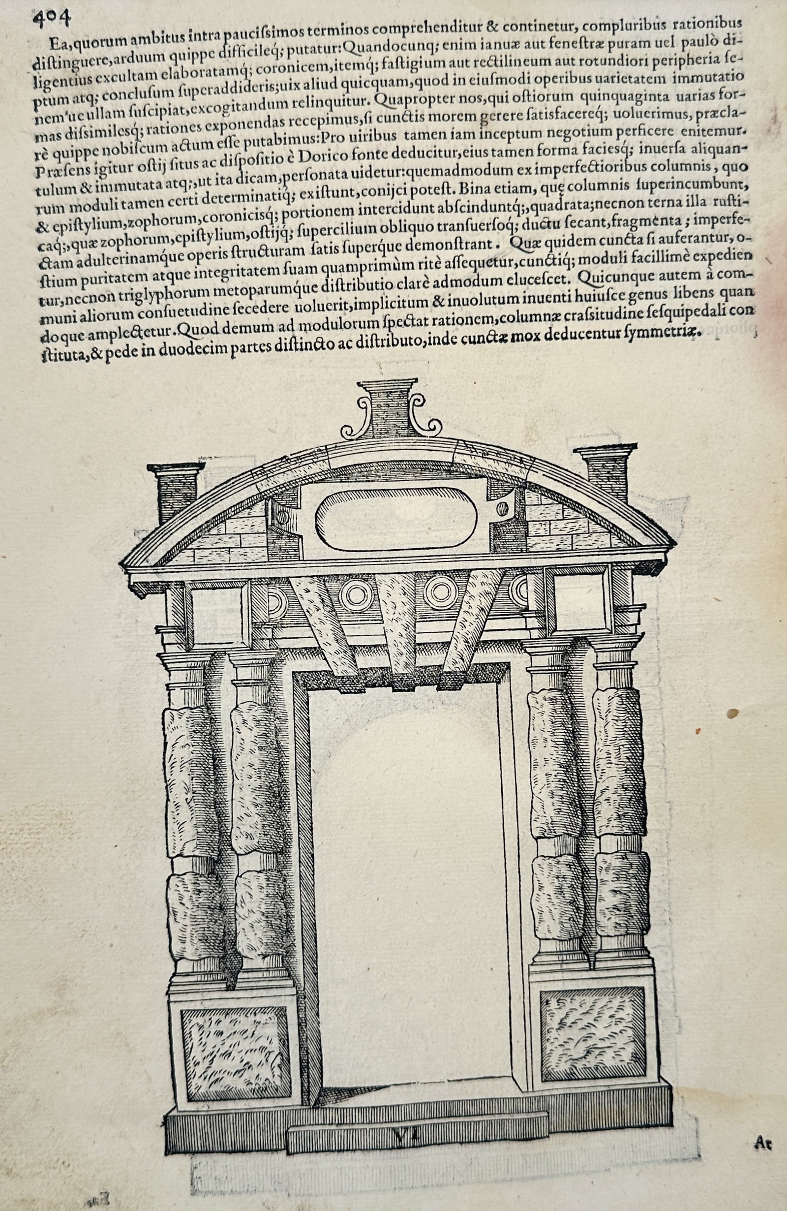 Sebastiano Serlio (1475–1554) – Doric Portal – Illustration (1569): This illustration features a detailed architectural design for a portal based on the Doric order, characterized by its heavy columns with rustic masonry blocks and a triangular pediment containing a c
