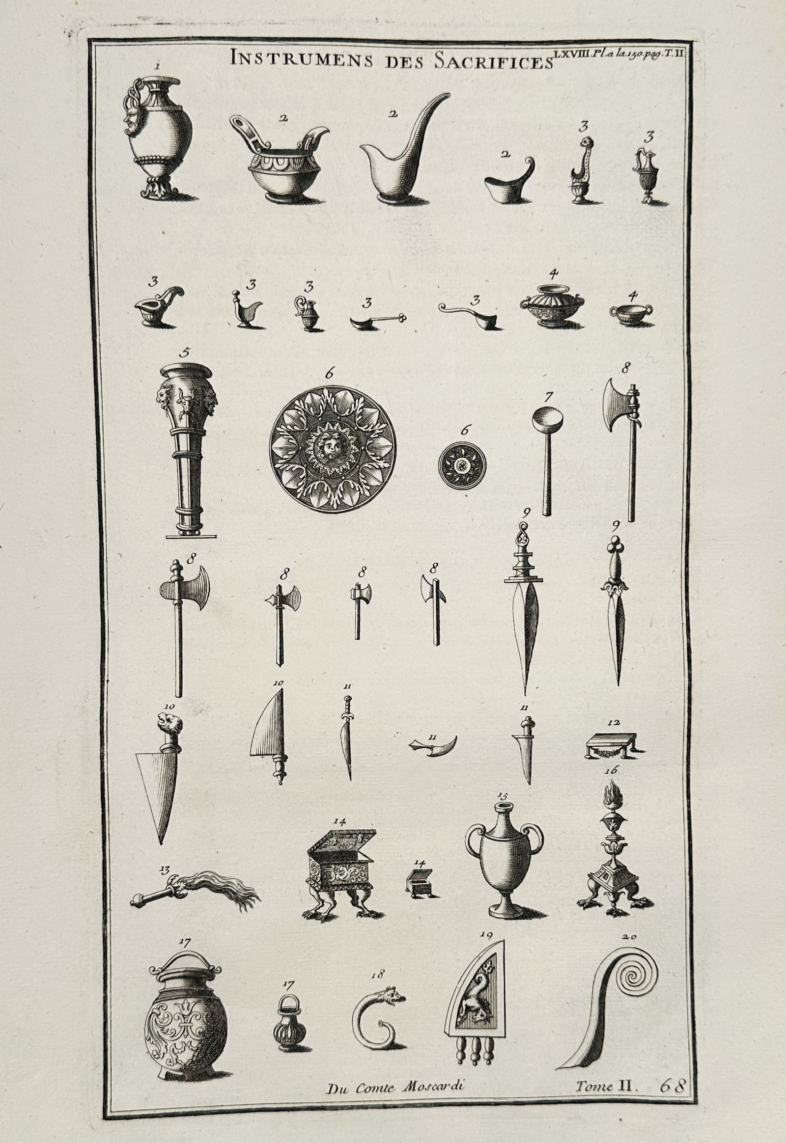 Bernard de Montfaucon (1655–1741) – Various Sacrificial Vessels and Instruments – Engraving: This engraving presents an extensive typological study of ancient ritual objects, featuring rows of classical vases, lamps, sacrificial axes, and ornamental boxes. The diverse items are cataloged with