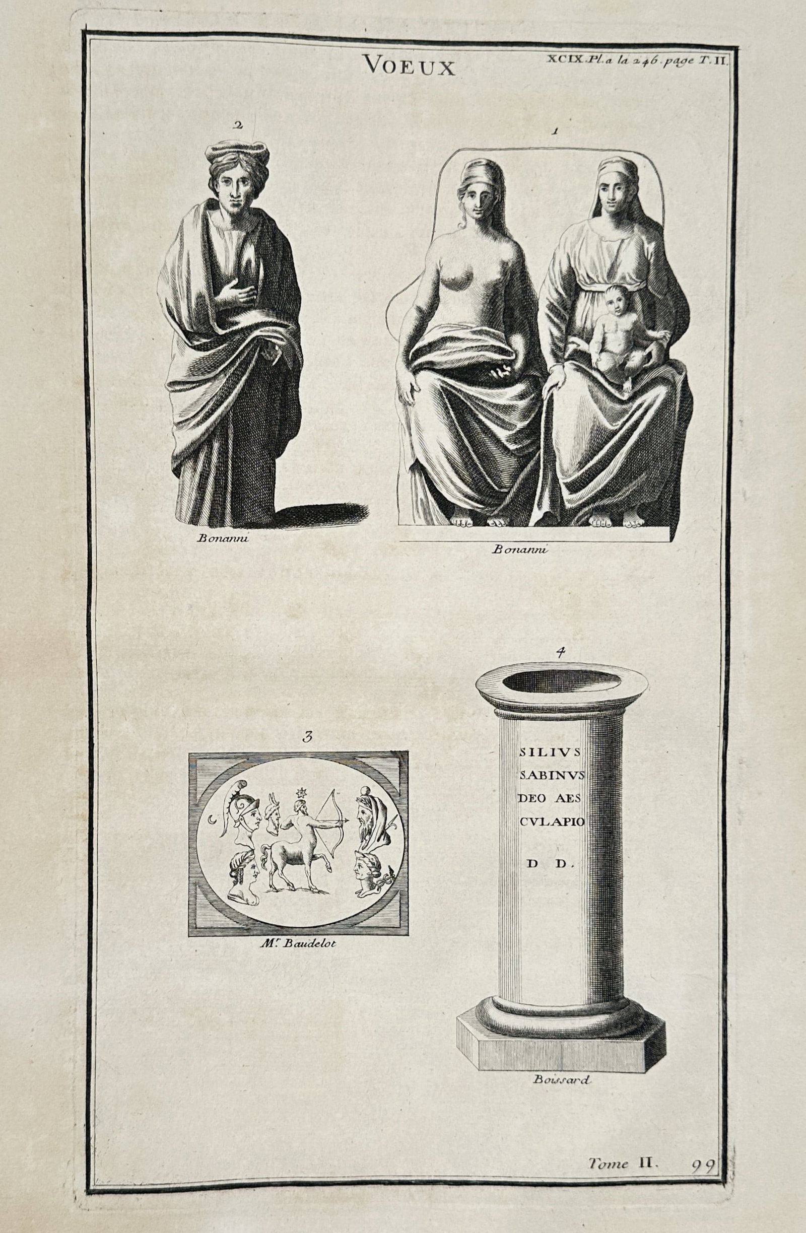 Bernard de Montfaucon (1655–1741) – Ancient Votive Figures and Inscribed Column – Engraving: This engraving features a scholarly study of four distinct archaeological artifacts representing religious vows in antiquity. The upper portion illustrates a standing draped male figure and a separate