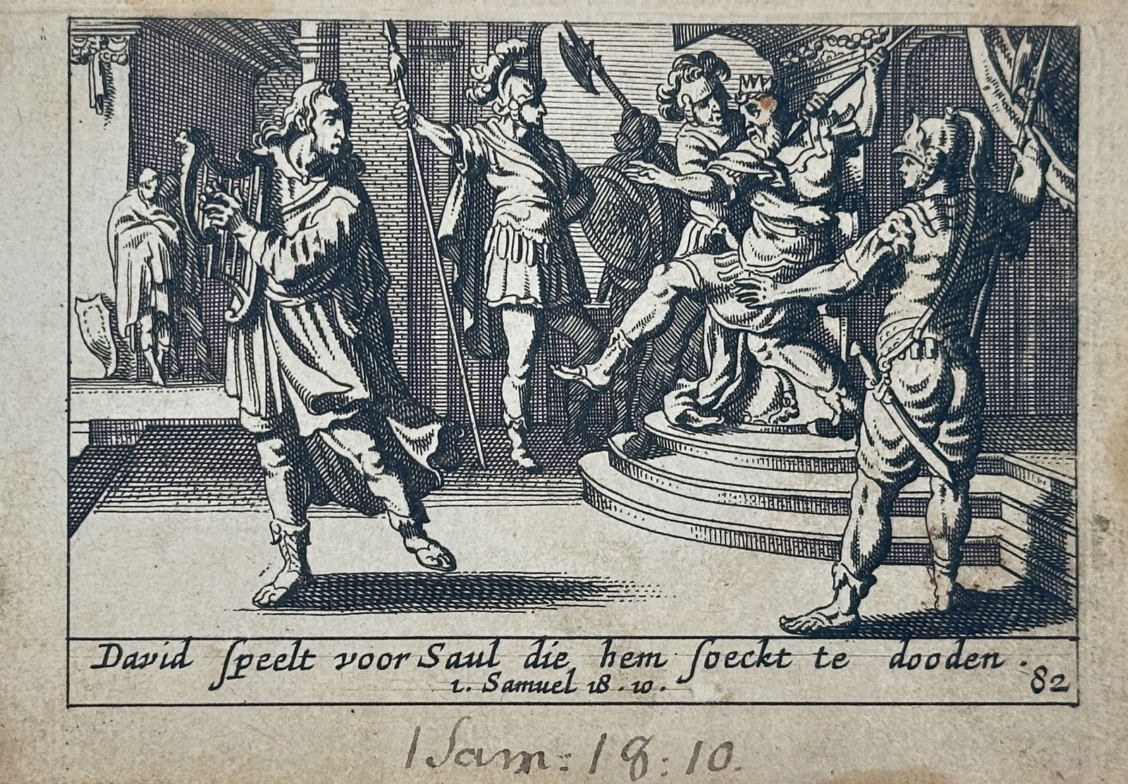 Pieter Hendriksz. Schut (1618–1660) – David Playing before Saul – Copperplate engraving: This illustration depicts the biblical scene from the first book of Samuel where David plays the harp for King Saul, who is shown attempting to strike him with a javelin. The composition captures the