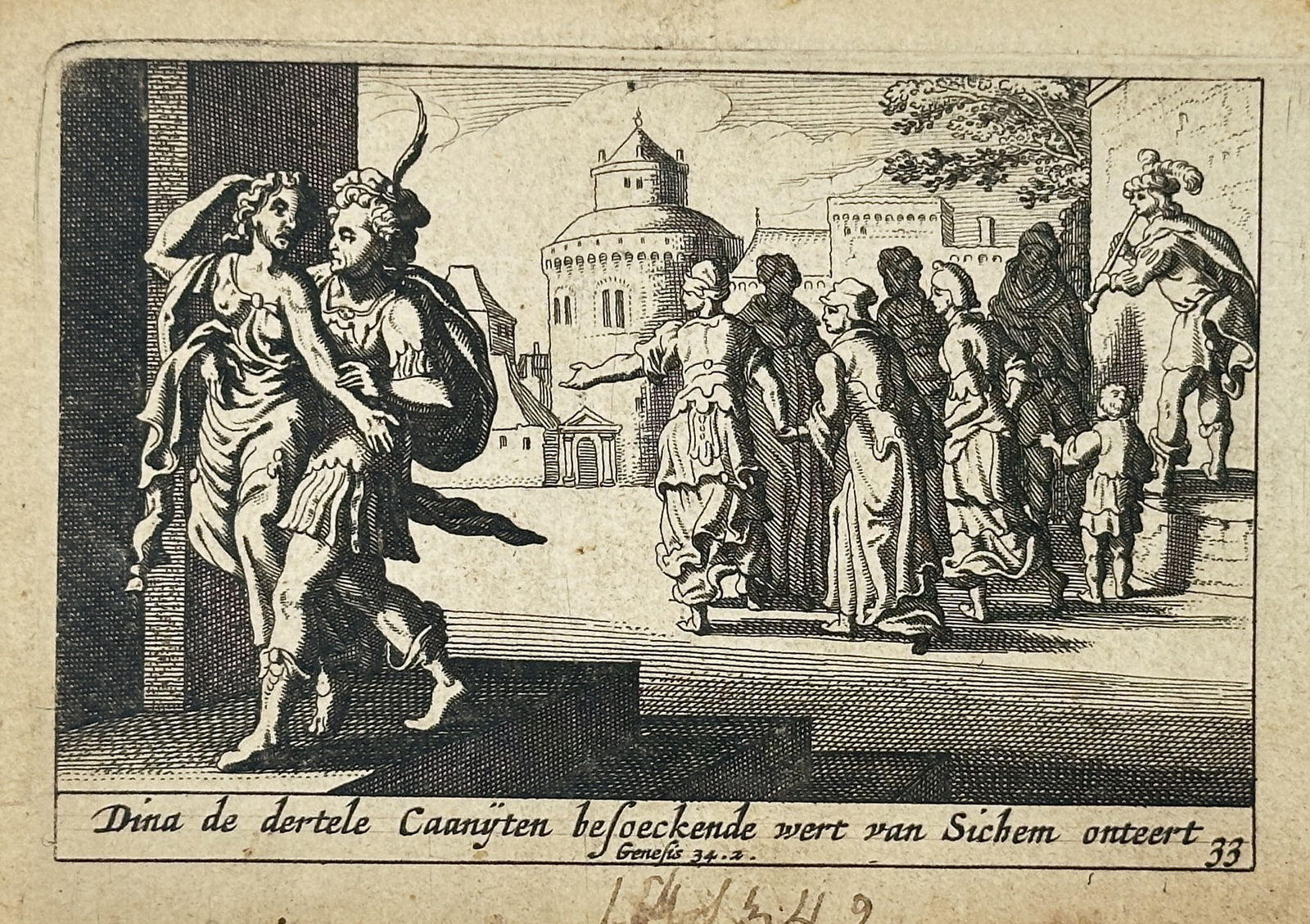 Pieter Hendriksz. Schut (1618–1660) – Dinah Defiled by Shechem – Engraving (1659): This engraving illustrates the biblical narrative from the Book of Genesis where Dinah is seized by Shechem after visiting the daughters of the land. The composition depicts Shechem leading Dinah towa