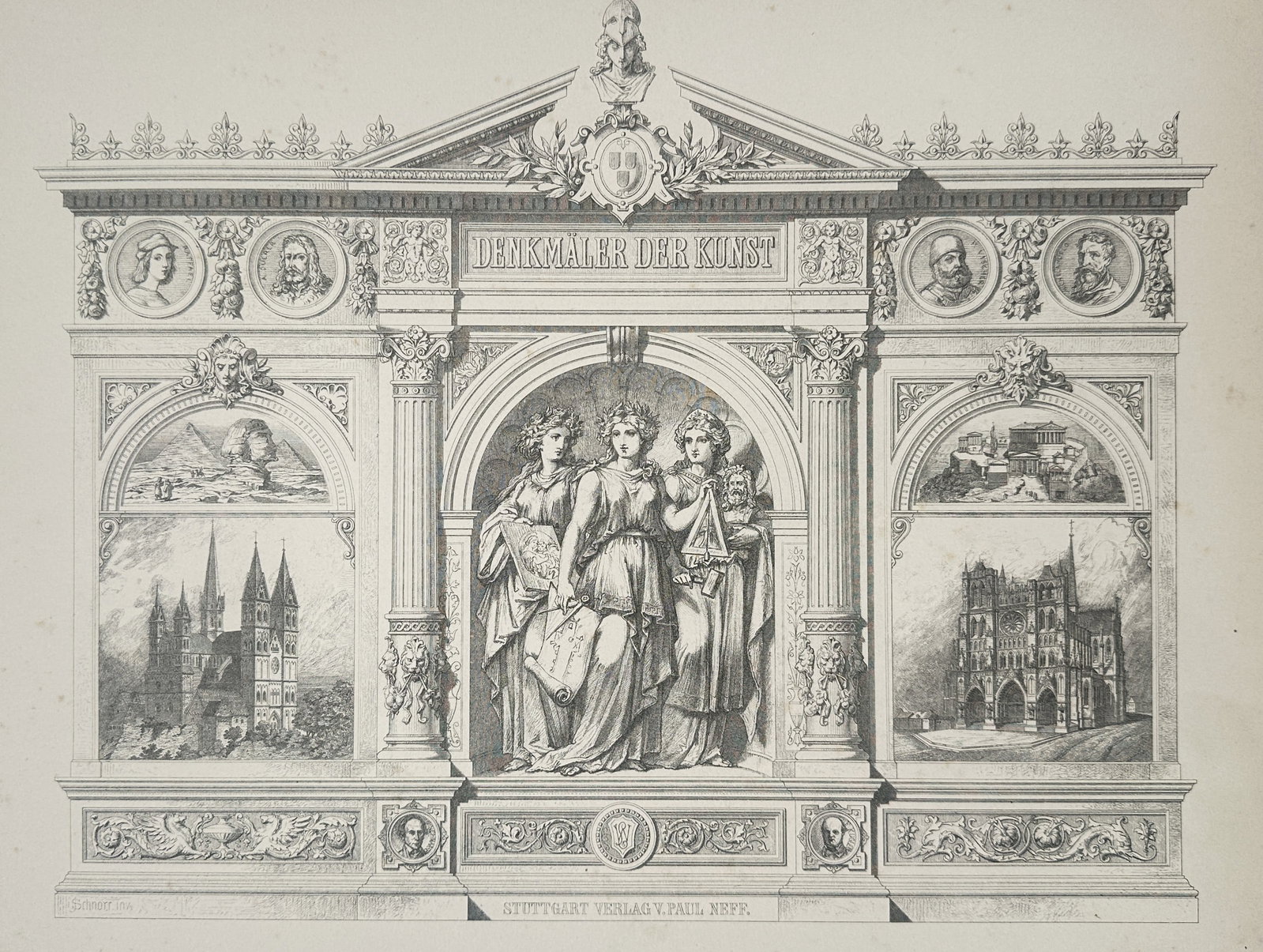 Paul Neff (Active 19th Century) – Monuments of Art – Illustration (c. 1880): This architectural illustration serves as a title page or frontispiece for the publication Denkmaler der Kunst, featuring a neo-classical monument decorated with personifications of the arts and views