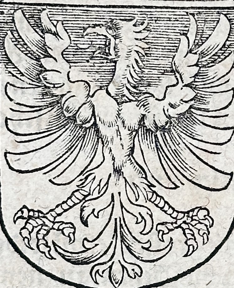 Sebastian Münster (1488–1552) – Coat of Arms of Poland – Woodcut (1550): This woodcut displays the Polish eagle coat of arms, serving as an illustration for a chapter on the history and kings of Poland within the Cosmographia. The surrounding German Gothic text provides a 