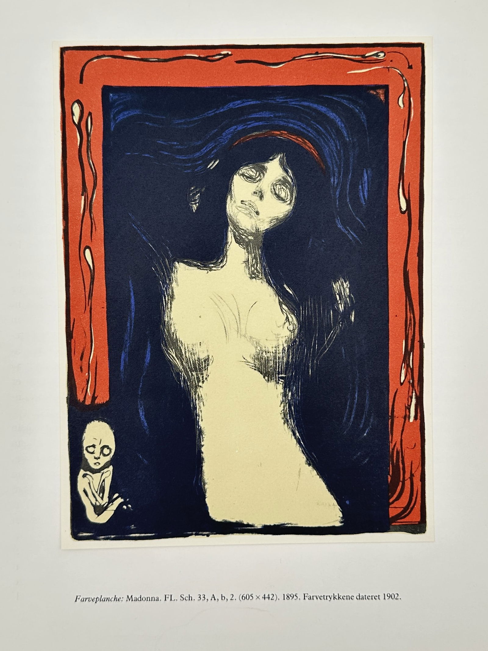 Edvard Munch (1863–1944), after – Madonna – Offset print (20th Century): This offset print depicts a central female figure in a state of spiritual or sensual ecstasy, framed by a border containing sperm-like motifs and a small, skeletal embryo in the corner. The compositio