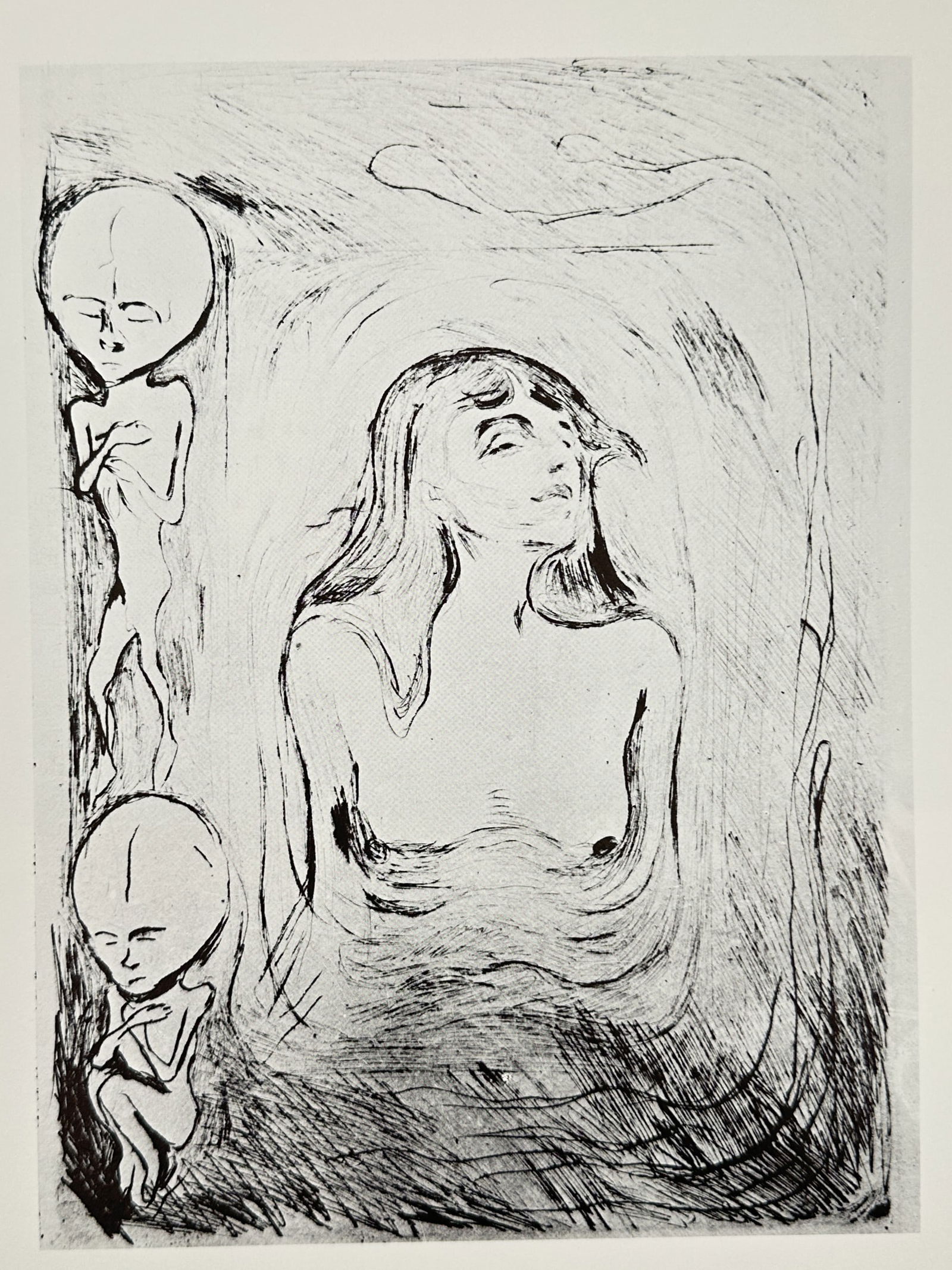 Edvard Munch (1863–1944), after – Thistle – Offset print (20th Century): This offset print depicts a woman in a state of spiritual or sensual ecstasy, featuring a monochrome rendering of the artist's famous 1895 composition. The central figure is framed by fluid, swirling