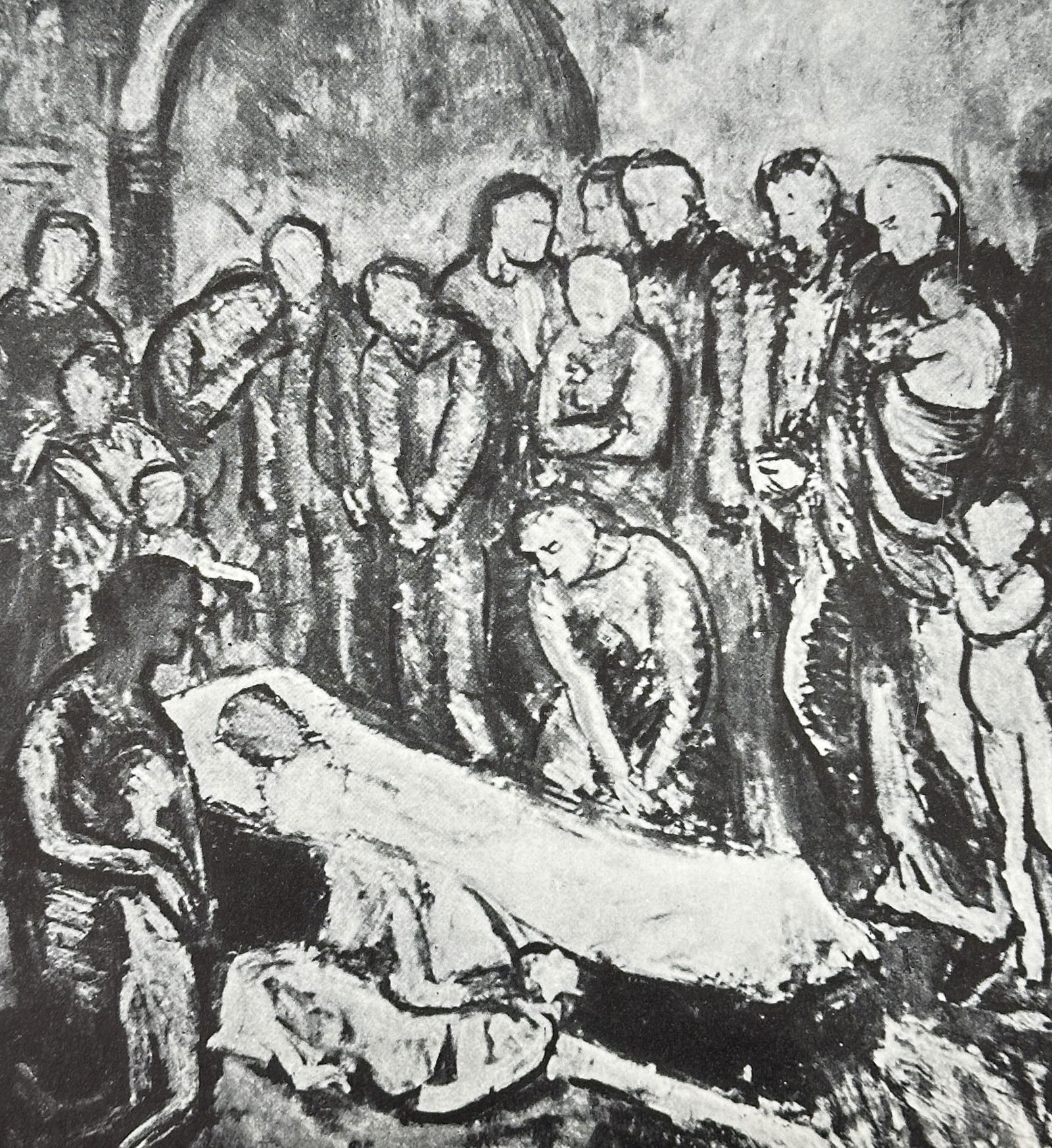 Pablo Picasso (1881–1973), after – The Mourners – Offset print (20th Century): This offset print depicts the painting The Mourners, also known as Evocation, created during the artist's Blue Period following the tragic death of his friend Carles Casagemas. The image features a gr