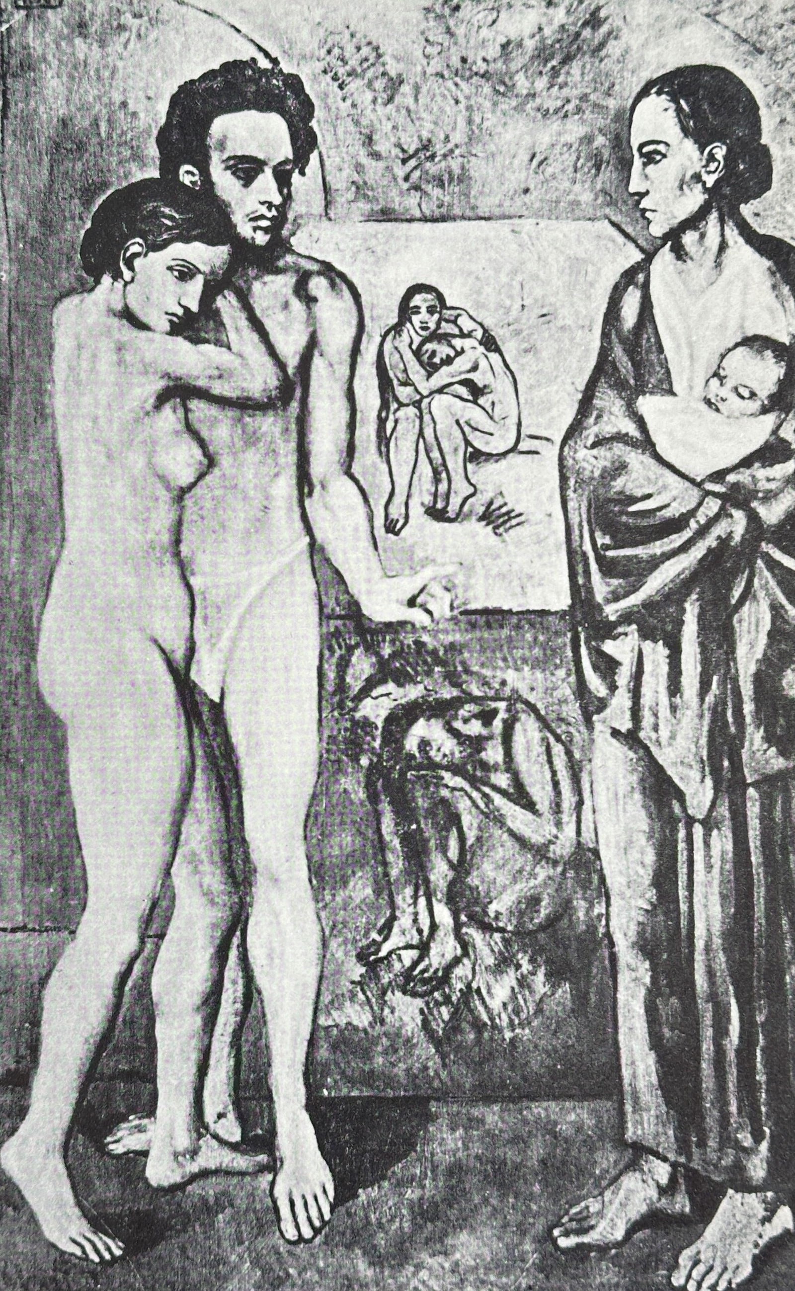 Pablo Picasso (1881–1973), after – La Vie – Offset print (20th Century): This offset print depicts the seminal Blue Period painting La Vie, featuring a nude couple standing opposite a robed mother holding a sleeping infant, a composition that explores complex themes of des