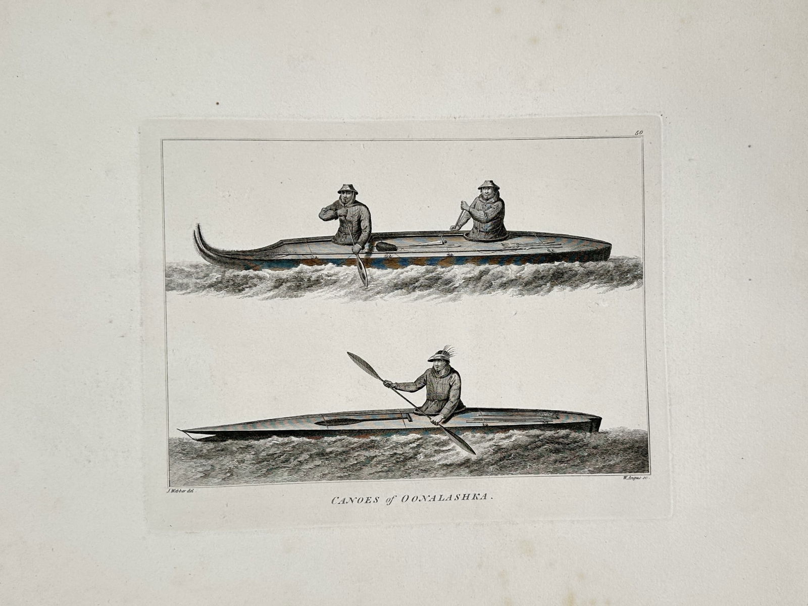 John Webber (1751–1793) – Map of Canoes of Oonalashka – Engraving (c. 1784): This engraving depicts two types of traditional skin-covered watercraft used by the indigenous people of Unalaska in the Aleutian Islands. The upper image shows a larger vessel with two paddlers, whil