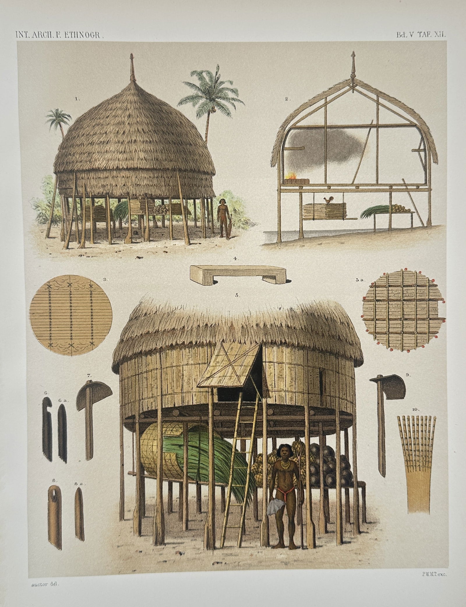 Pieter Willem Marinus Trap – Ethnographic Study of South Asian Dwellings and Tools –: This illustration presents a detailed architectural and ethnographic study of traditional thatched dwellings, featuring a complete circular hut on stilts and a cutaway view showing the internal struct