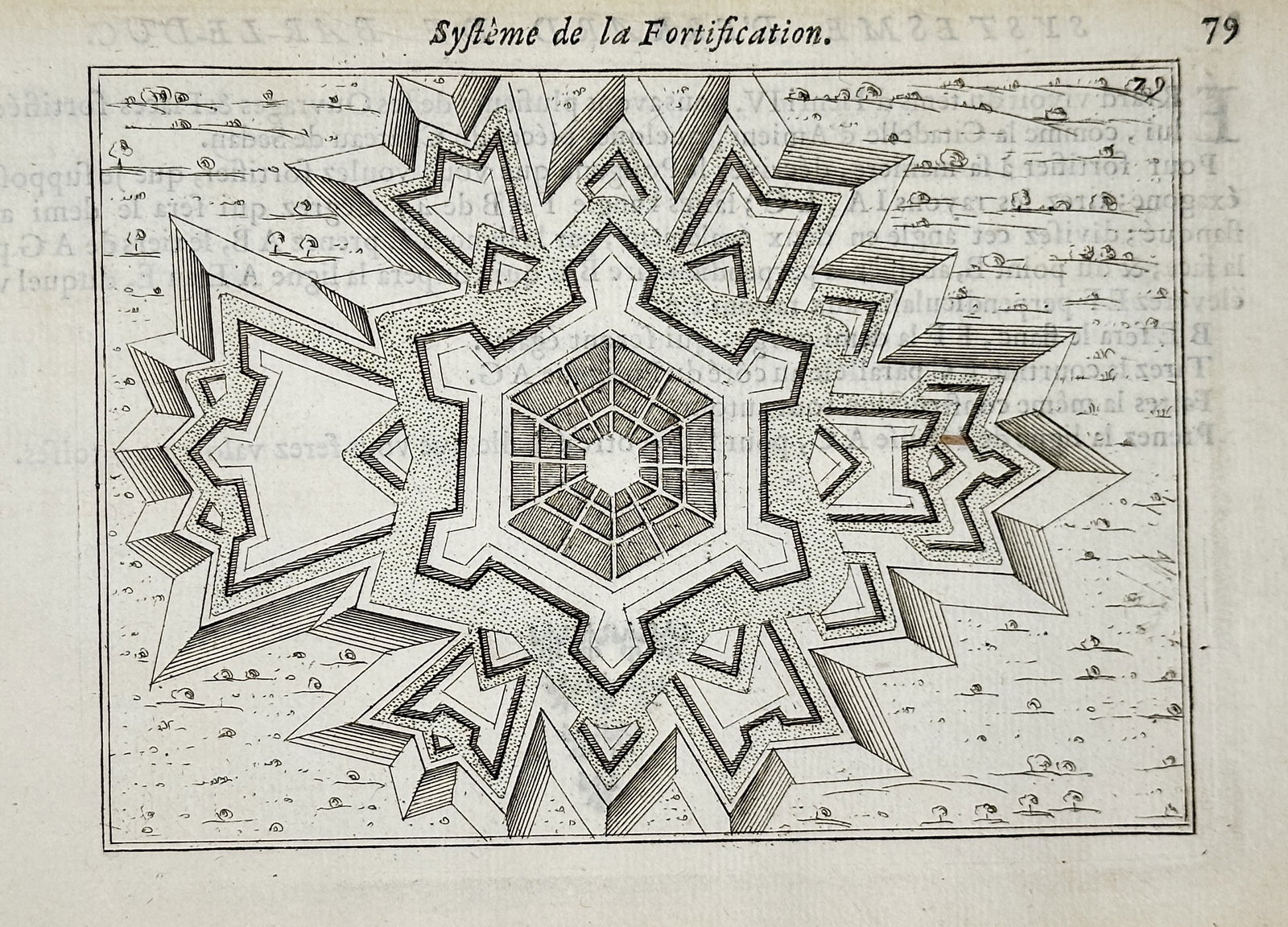 Jan Peeters I (1624–1677) – System of Fortification – Engraving (1672): This engraving presents a sophisticated star fort design, illustrating a complex system of bastions, curtains, and defensive outworks arranged in a symmetrical hexagonal pattern. The technical illustr