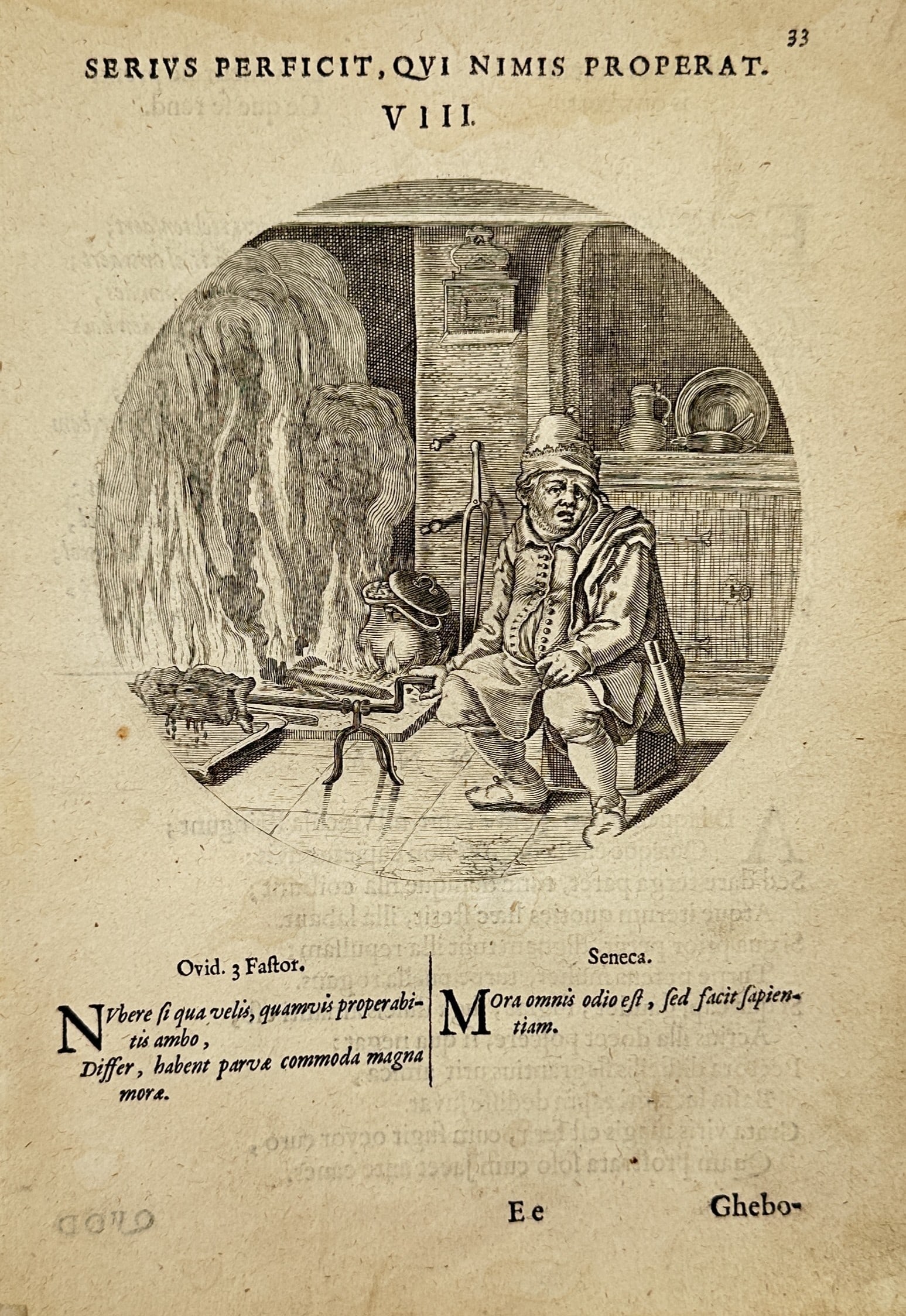 Jacob Cats (1577–1660) – Interior with Figure by a Fire – Engraving (1627) (1 of 2)
