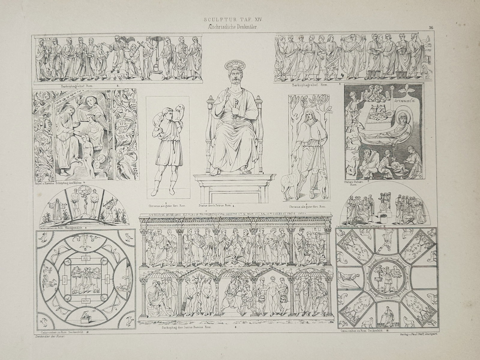 Paul Neff (Active 19th Century) – Early Christian Sculpture – Illustration (c. 1880): This architectural illustration provides a comprehensive visual survey of early Christian sculptural and funerary art, featuring prominent religious monuments and reliefs from Rome and other ancient c