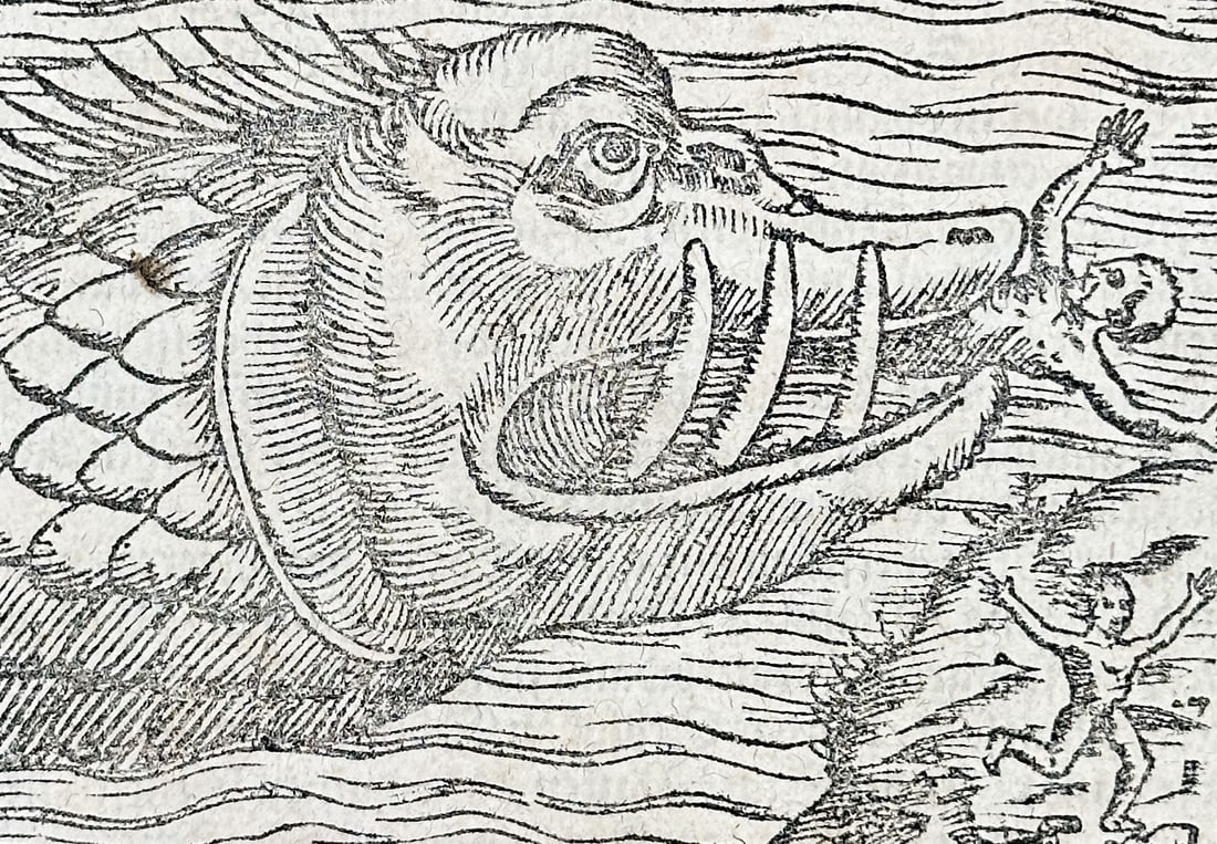 Sebastian Münster (1488–1552) – Illustration of a Sea Monster and a Coat of Arms – Woodcut: This woodcut features two distinct illustrations within a leaf of the Cosmographia, including a large heraldic coat of arms at the top and a sea monster emerging from the waves to consume a person in
