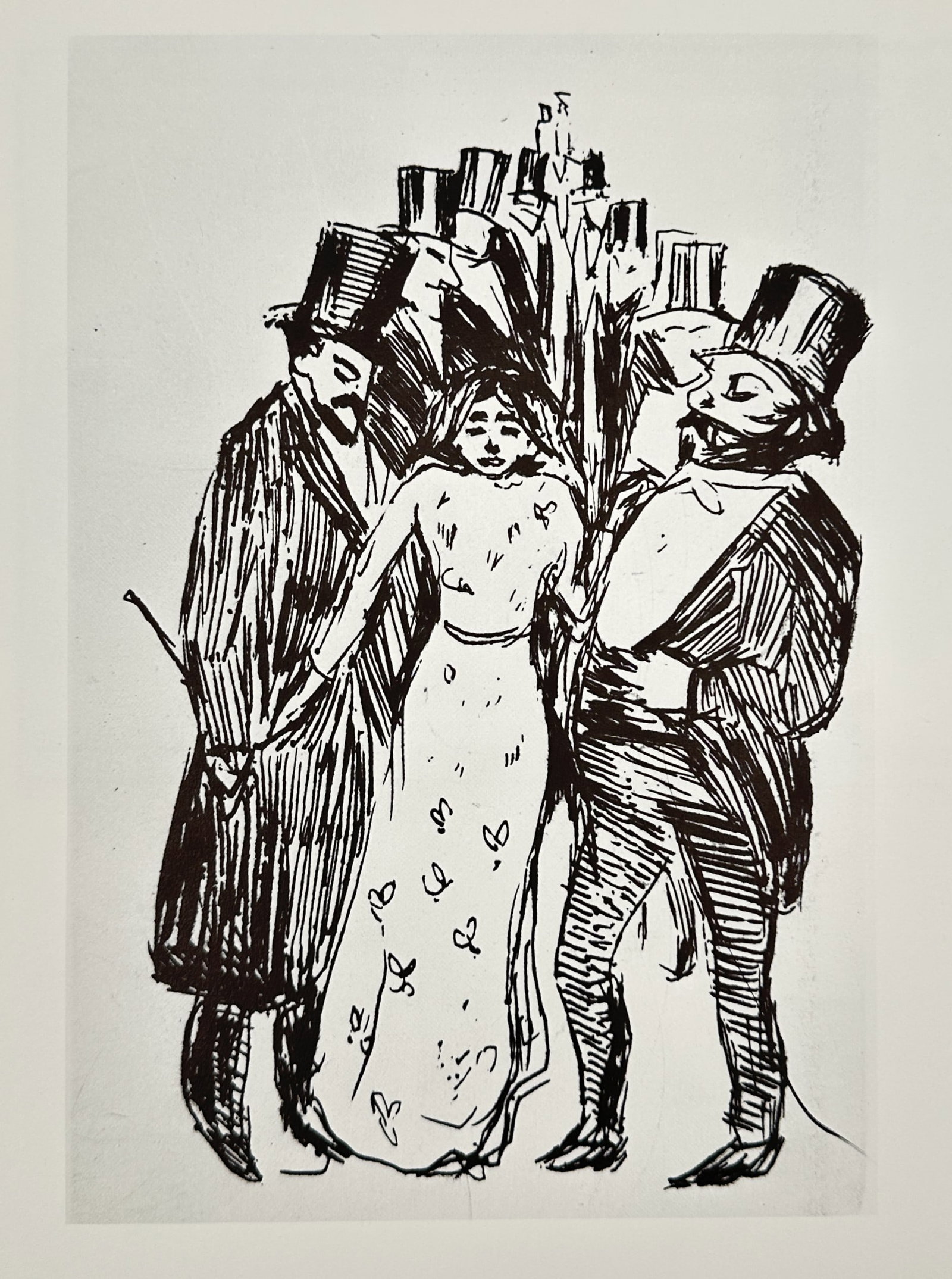 Edvard Munch (1863–1944), after – Christiania Bohemia – Offset print (20th Century): This offset print depicts a woman in a long, patterned dress surrounded by several men in formal evening attire and top hats, rendered in a quick, gestural style with bold ink lines. The scene capture