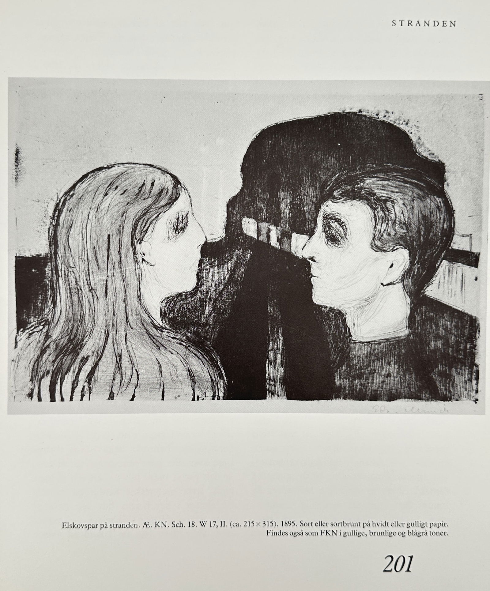Edvard Munch (1863–1944), after – Lovers on the Beach – Offset print (20th Century): This offset print depicts the profile of a man and a woman facing each other in close proximity against a dark, simplified background. The composition uses stark tonal contrasts and expressive, flowin