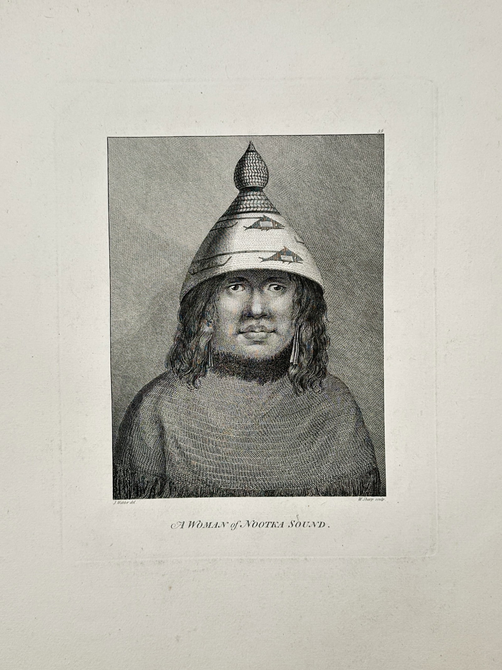 John Webber (1751–1793) – A Woman of Nootka Sound – Engraving (c. 1784): This engraving features a frontal portrait of a woman from Nootka Sound, located on the Pacific Northwest Coast of North America, wearing a traditional conical woven hat decorated with whale motifs an