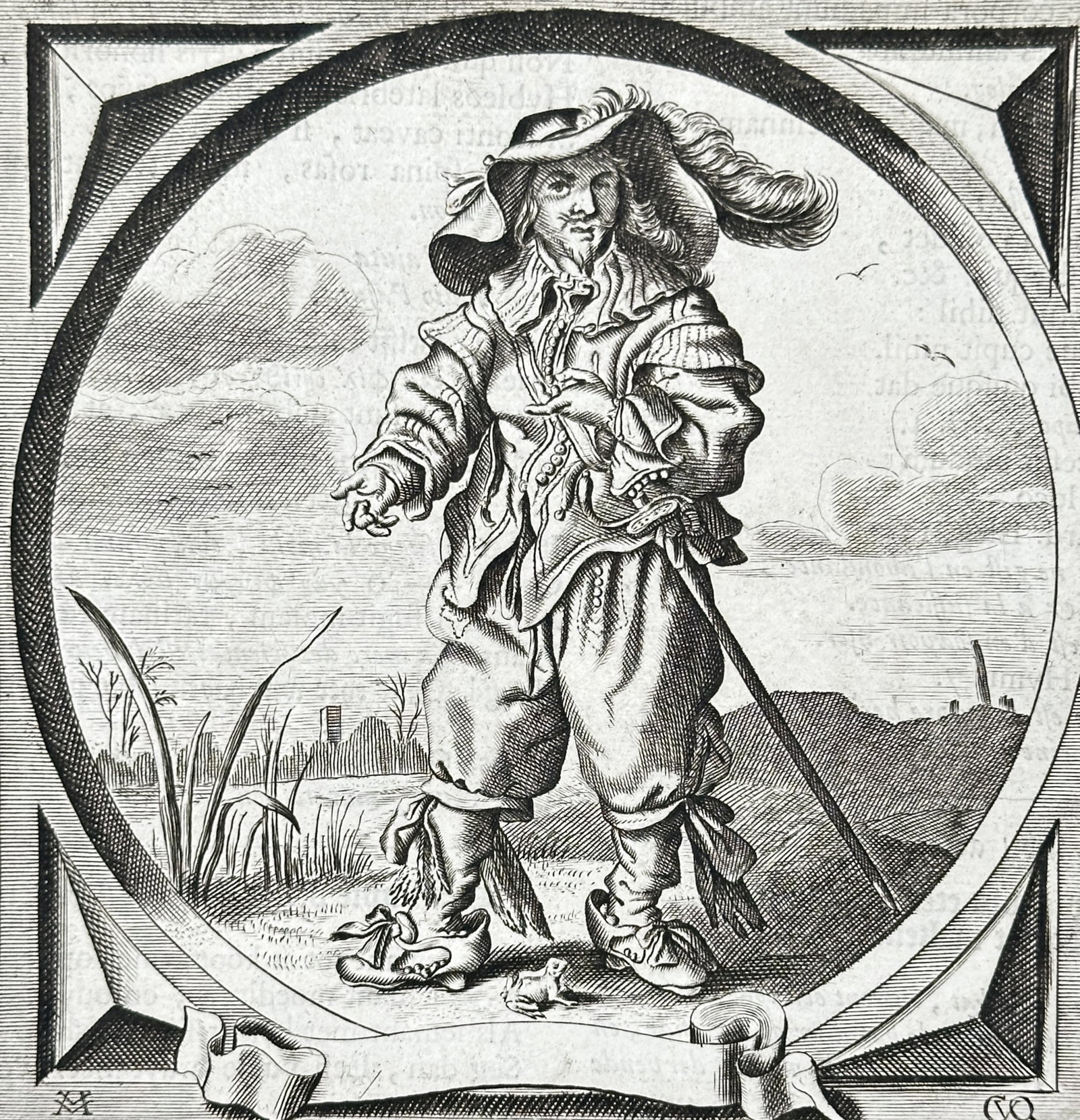 Jacob Cats (1577–1660) – The Cavalier – Woodcut (1684): This illustration depicts a swaggering cavalier dressed in flamboyant seventeenth-century attire, including a wide-brimmed plumed hat, doublet, and voluminous breeches, leaning confidently on a walkin