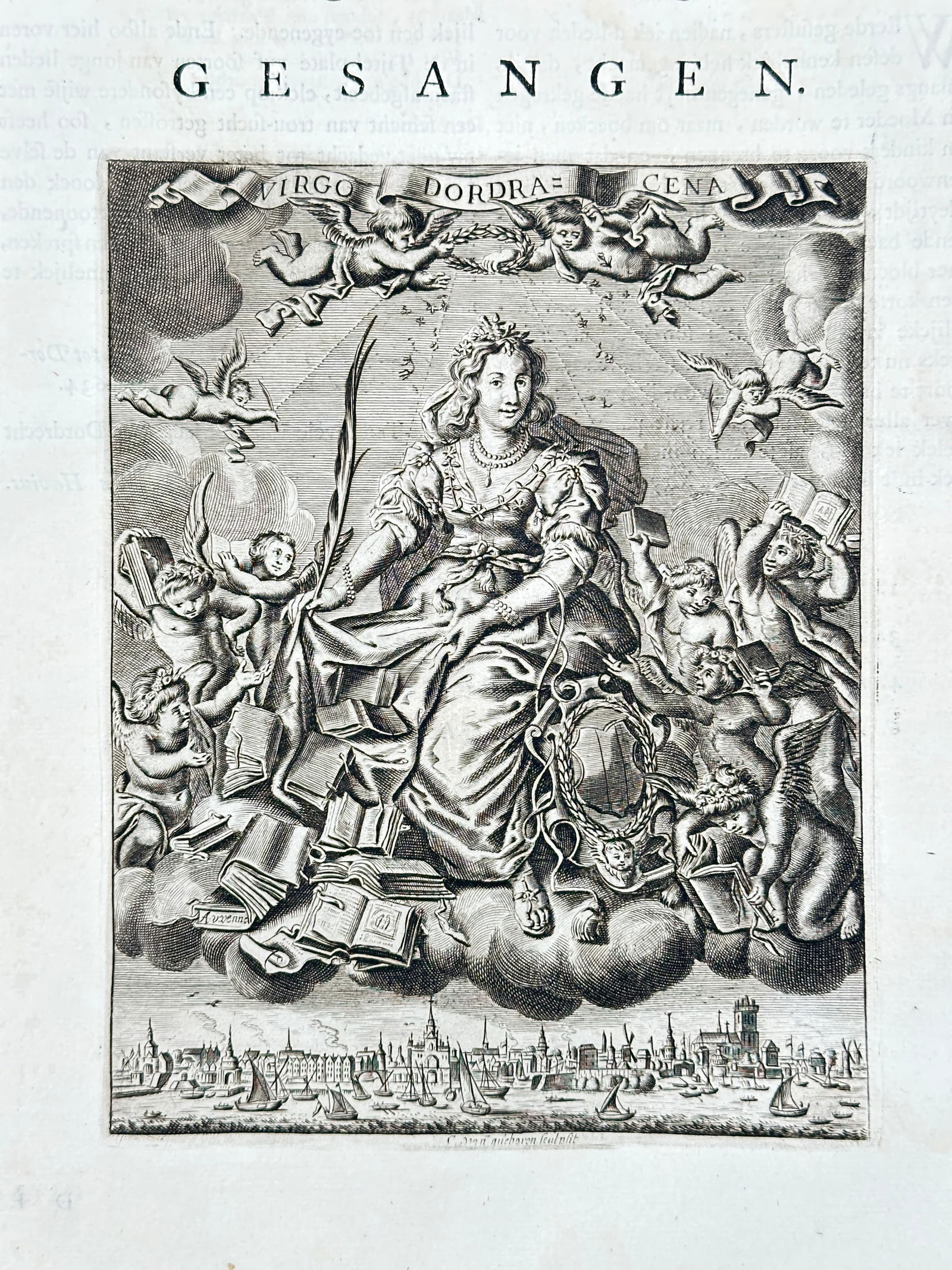 Jacob Cats (1577–1660) – Allegory of the Maiden and the City – Woodcut (1684): This intricate allegorical illustration depicts a central female figure, a personification of a maiden or a specific Dutch city, reclining amidst a celestial scene filled with books and surrounded by