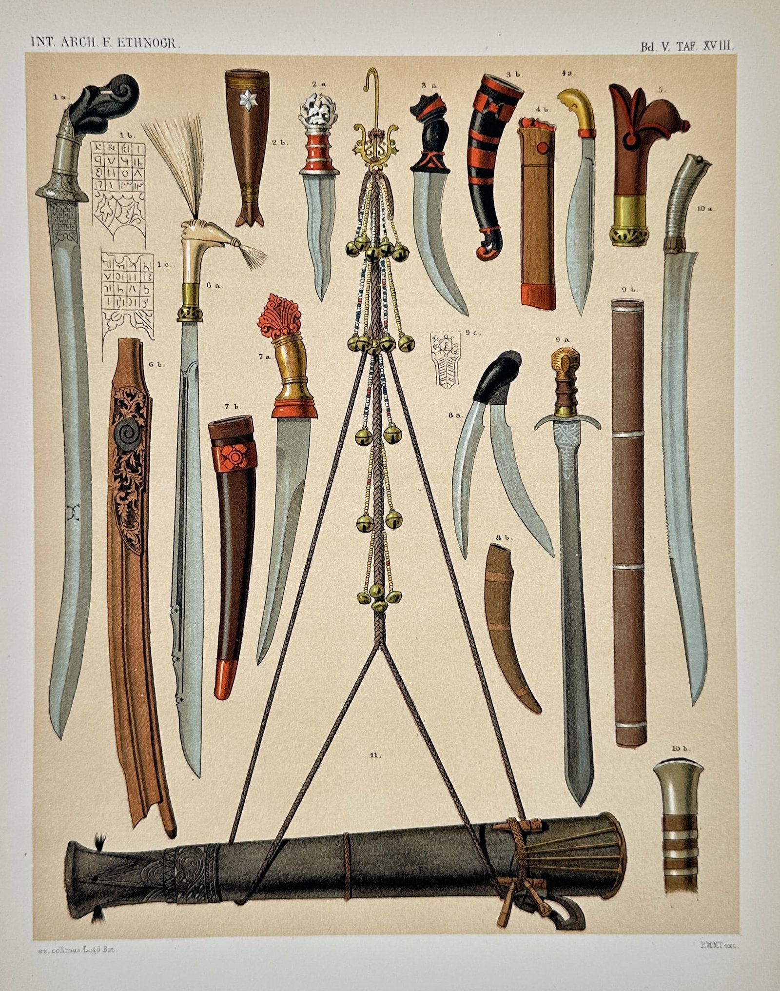 Pieter Willem Marinus Trap – Ethnographic Studies of Indonesian Weaponry – Hand-colored print: This illustration depicts a comprehensive collection of traditional Indonesian weaponry, including various forms of the kris with ornate hilts, curved daggers, and elongated swords with decorated scab