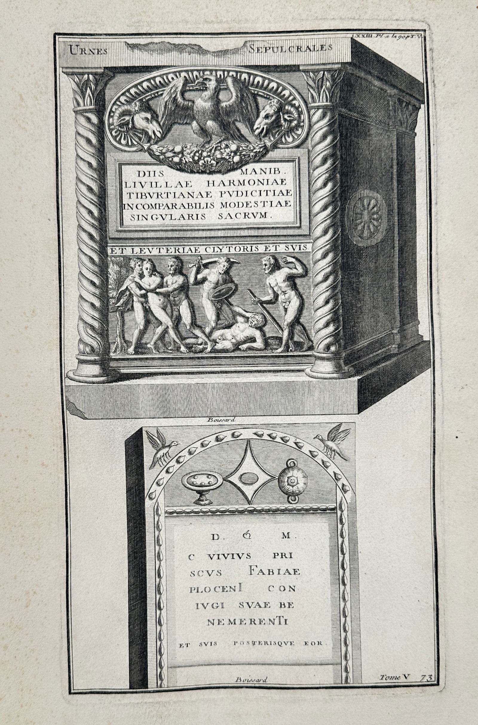 Bernard de Montfaucon (1655–1741) – Sepulchral Urns – Engraving (1719): This illustration features two distinct classical sepulchral monuments. The left image depicts an elaborate rectangular cinerarium adorned with a central relief showing a battle scene and a side medal