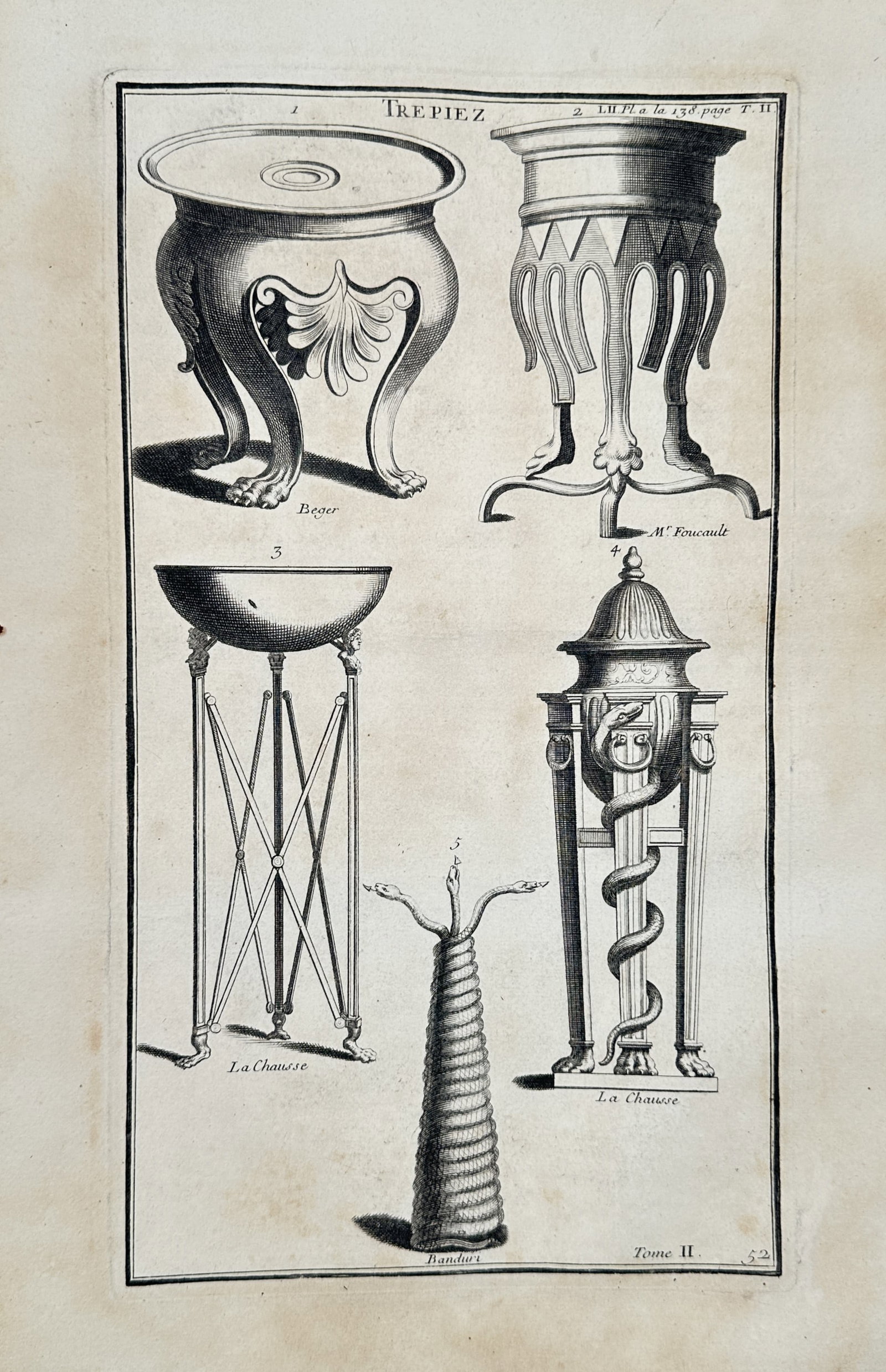 Bernard de Montfaucon (1655–1741) – classical Tripods – Engraving (1719): This illustration features four distinct classical tripods and a ceremonial staff, systematically documented to showcase varied styles of ancient ritual and domestic furniture. The two larger tripods 