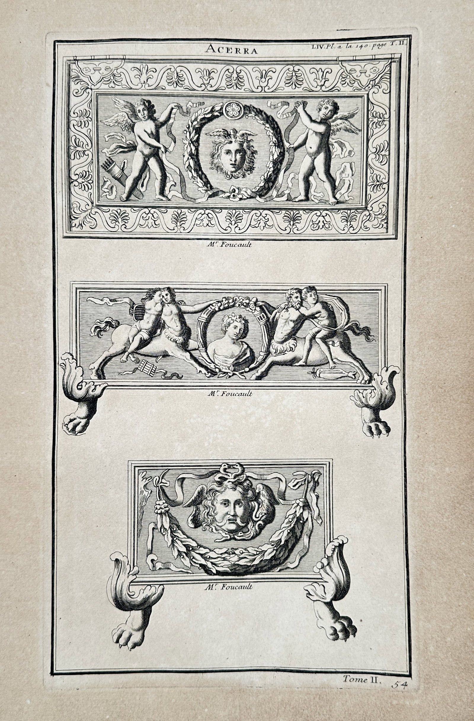 Bernard de Montfaucon (1655–1741) – Acerra – Engraving (1719): This illustration features three distinct decorative panels depicting acerra, or incense boxes, used in classical religious ceremonies. The designs are highly ornate, showcasing relief carvings of win