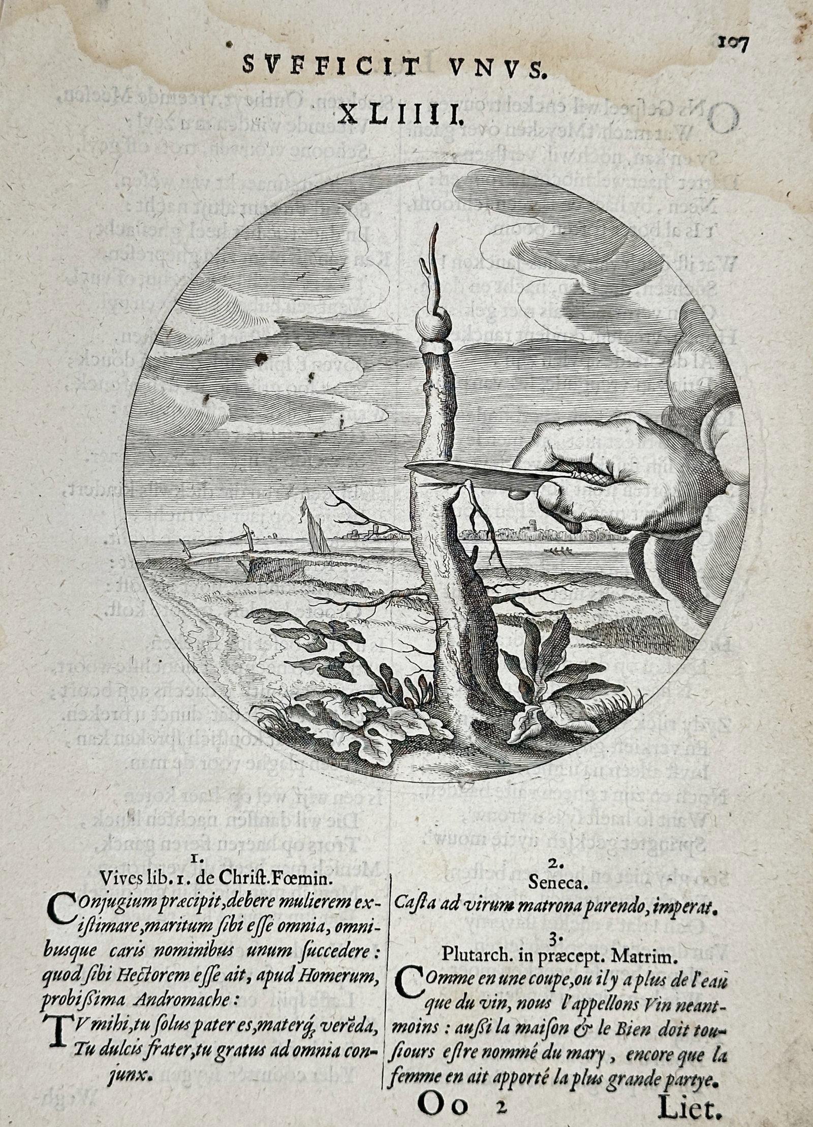 Jacob Cats (1577–1660) – Sufficit Unus – Woodcut (1655): This circular illustration depicts a hand emerging from the clouds to prune a tree branch with a knife, symbolizing the moral concept of pruning excess to ensure healthy growth. The scene is set again