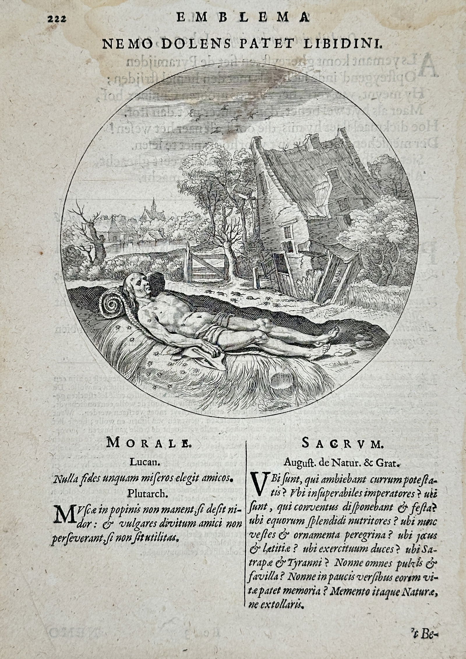 Jacob Cats (1577–1660) – Nemo Dolens Patet Libidini – Woodcut (1655): This circular illustration depicts a figure reclining on a grassy bank near a rustic wooden structure, symbolizing themes of moral vulnerability and the hazards of idleness. The scene is integrated in
