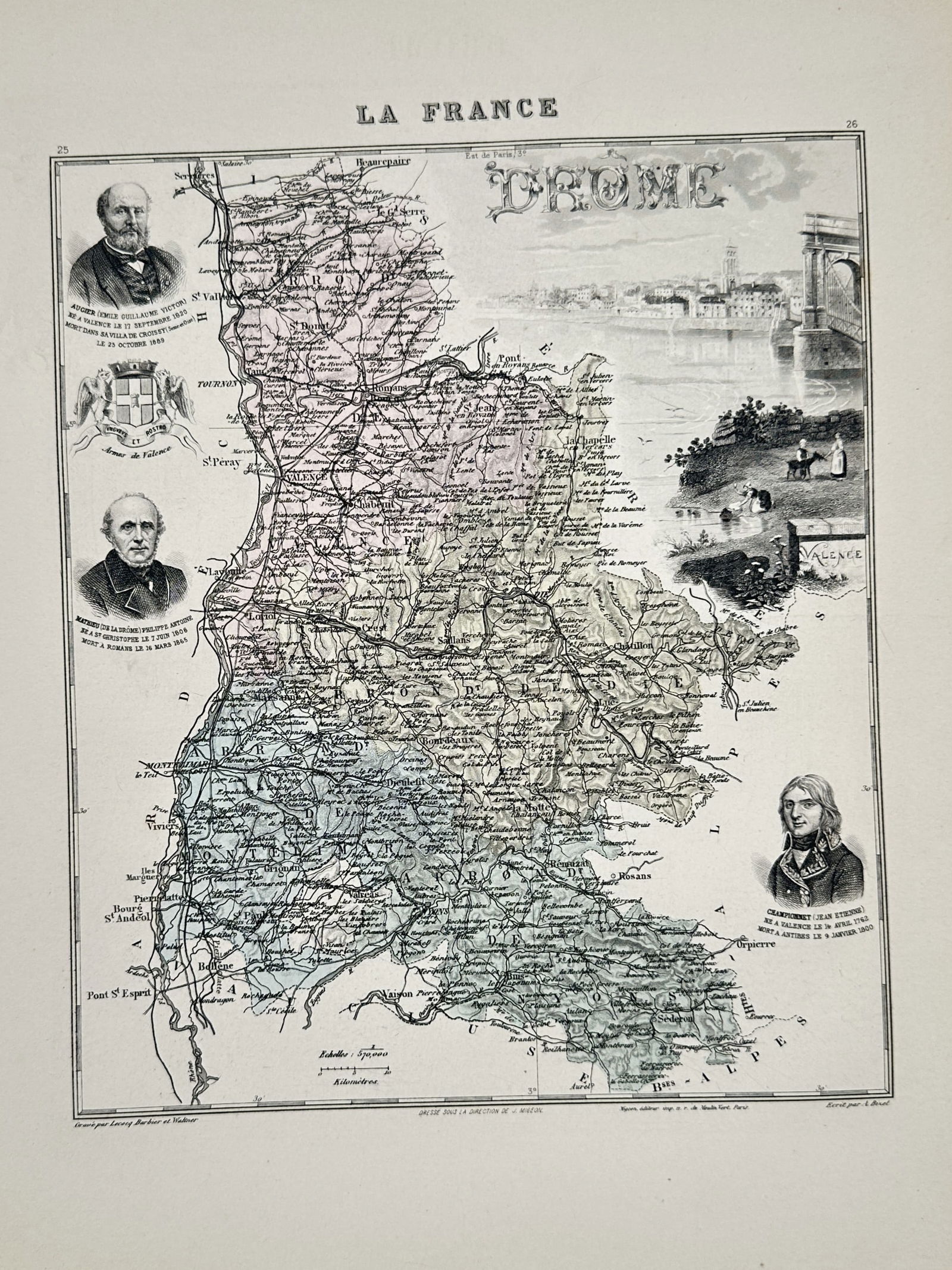 J. Migeon (19th Century) – Map of Drôme (France) – engraving (1891) (1 of 2)