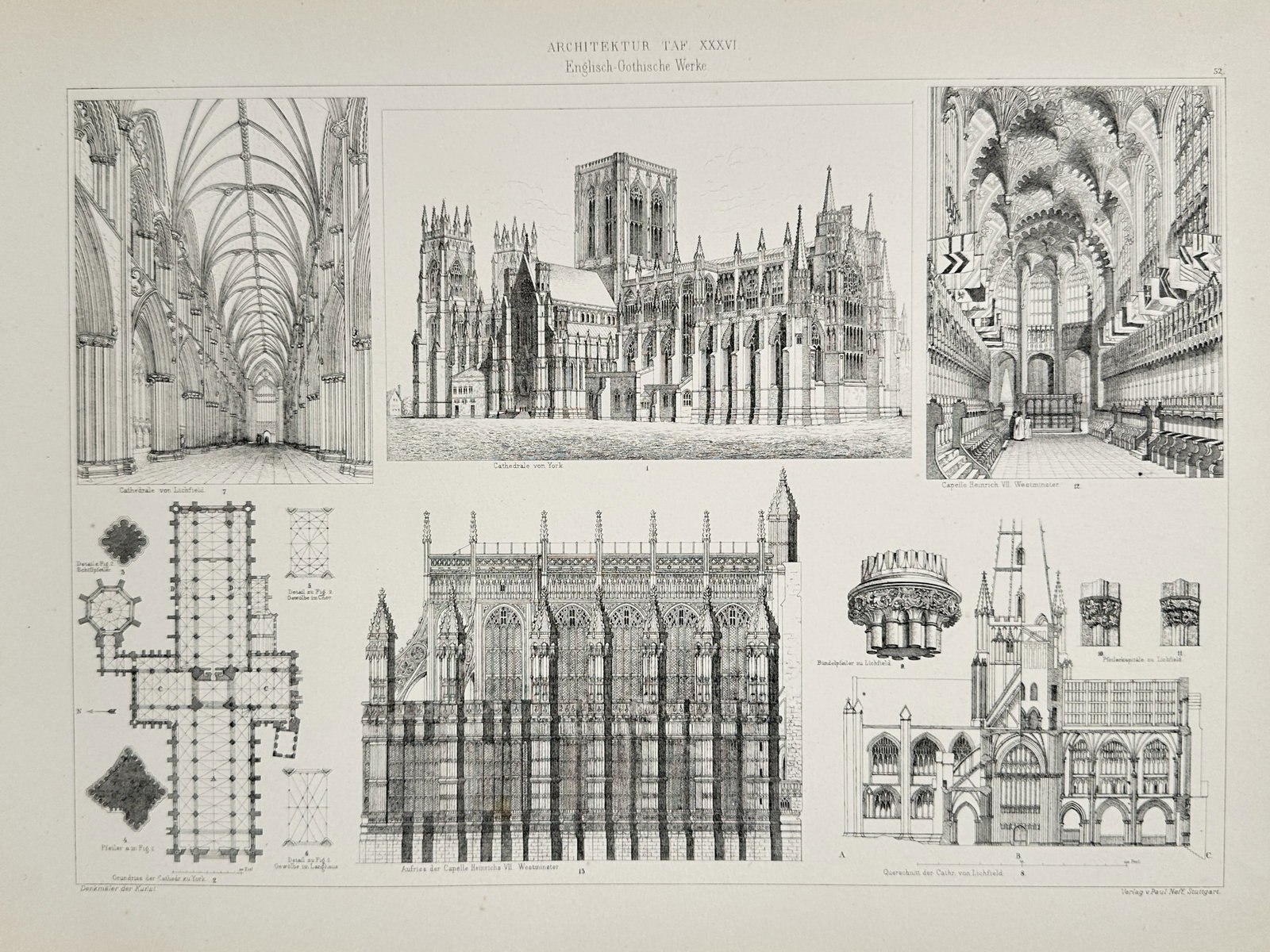 Paul Neff – English Gothic Architectural Works – lithograph (1850): This architectural study features a detailed collection of English Gothic structures, presenting multiple perspectives of significant ecclesiastical landmarks. The plate includes exterior elevations o