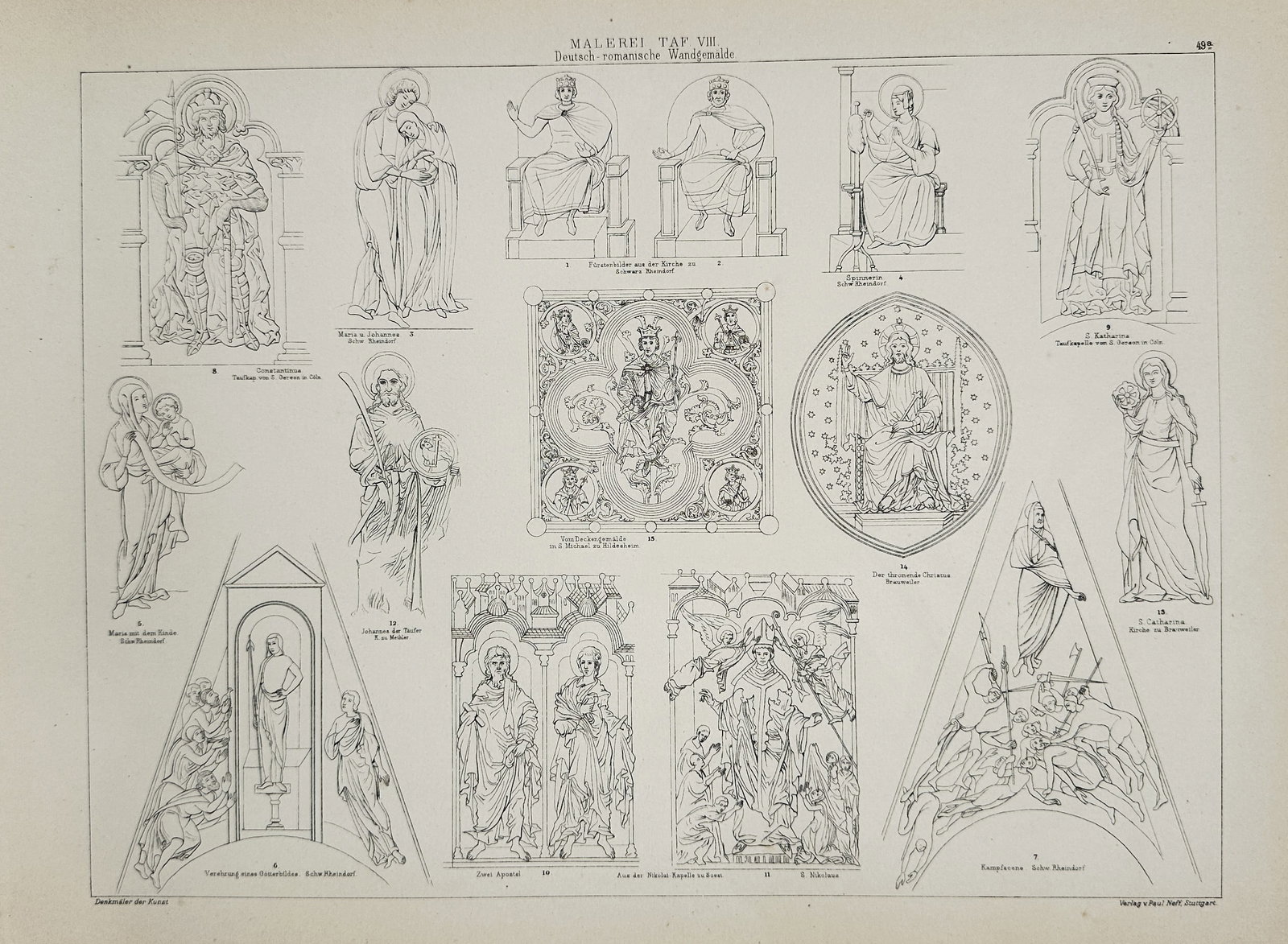 Paul Neff – German Romanesque wall paintings – lithograph (1850): This architectural and art history plate features a comprehensive study of German Romanesque wall paintings, presenting fifteen distinct figurative and decorative compositions. The collection includes