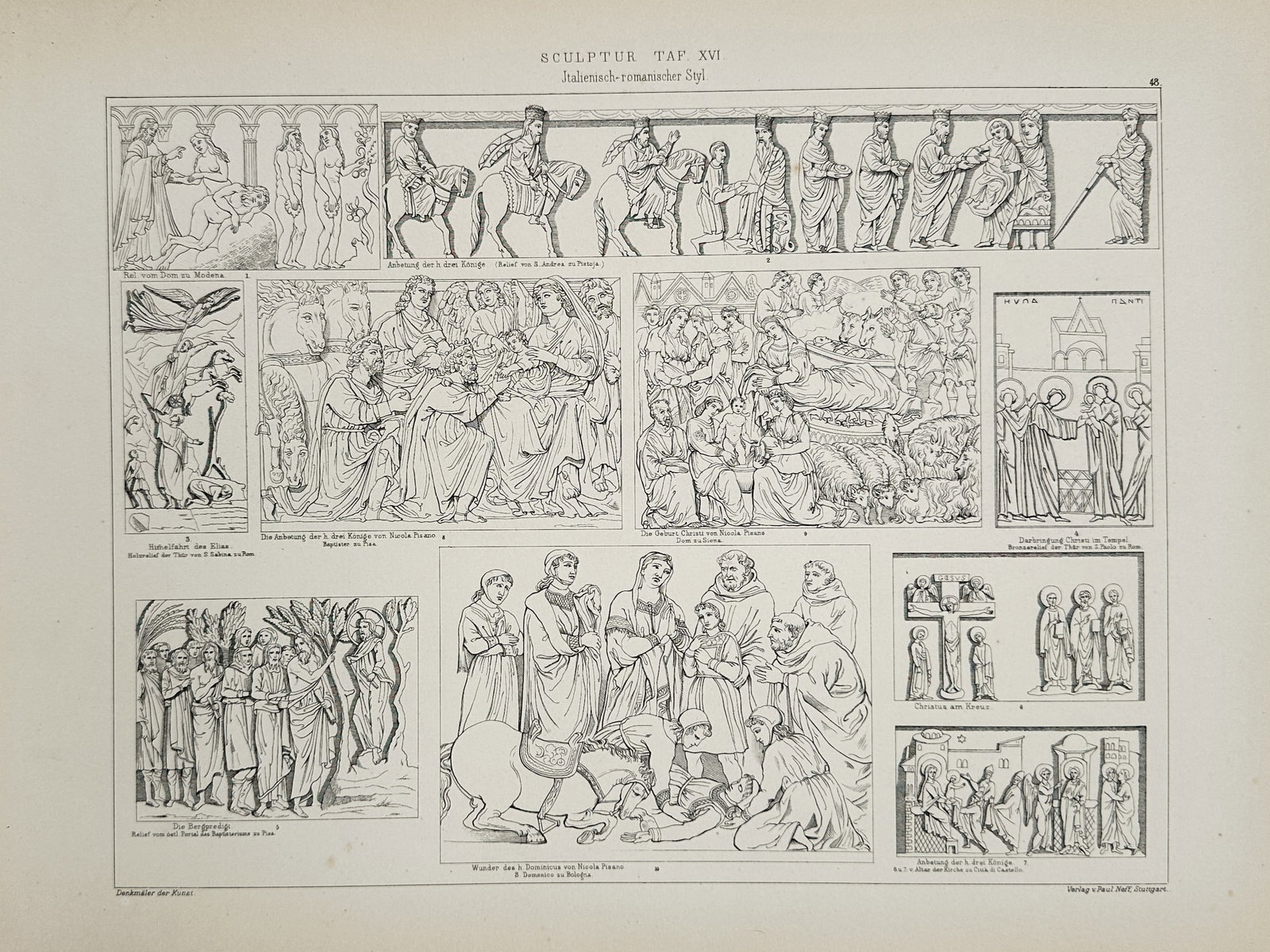 Paul Neff – Italian Romanesque sculpture – lithograph (1850): This architectural and art history plate features a comprehensive collection of Italian Romanesque sculpture and relief work, presenting ten distinct narrative scenes and decorative panels. The illust